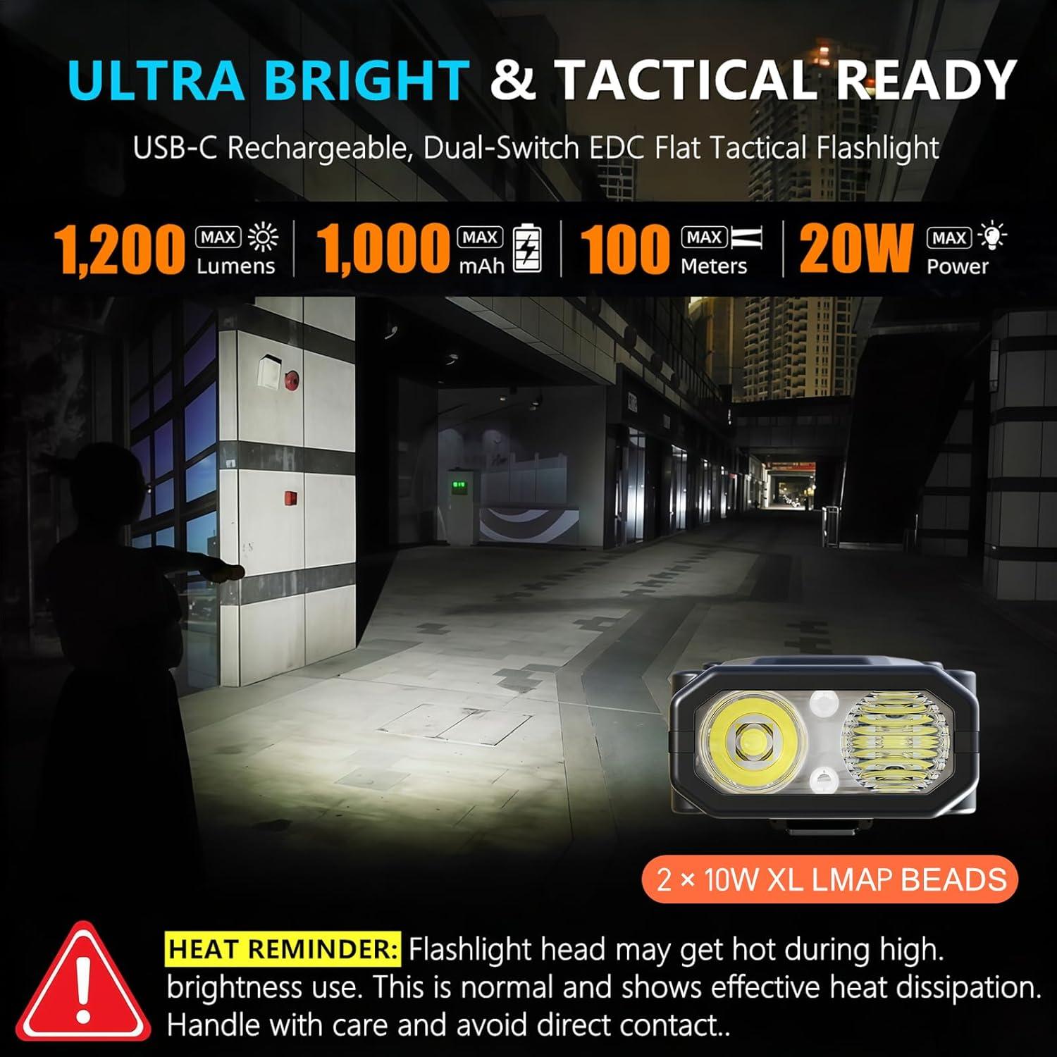 Linterna Táctica EDC AKISONG 1200 Lúmenes Recargable USB-C