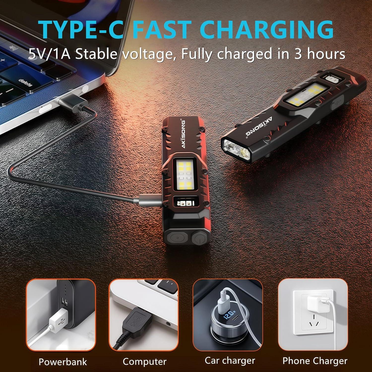 Linterna Táctica EDC AKISONG 1200 Lúmenes Recargable USB-C