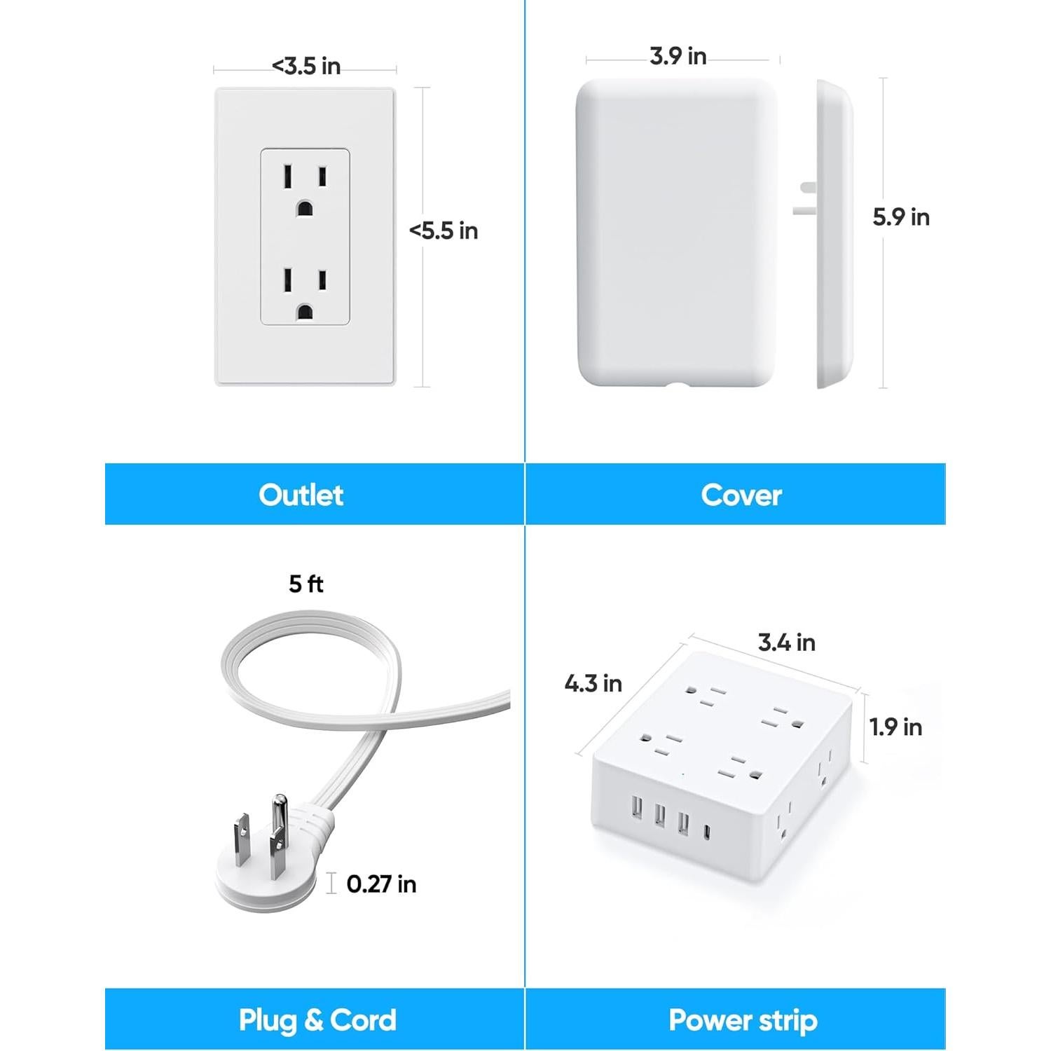 Regleta de Enchufes Olcorife 8 AC + 4 USB 0.91m con Protección