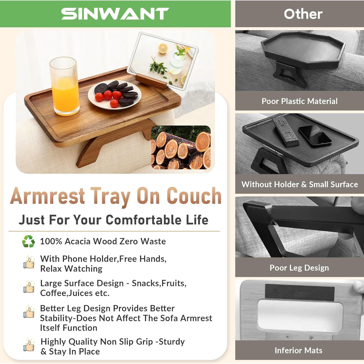 Mesa de brazo de sofá SINWANT de madera de acacia con soporte 360°