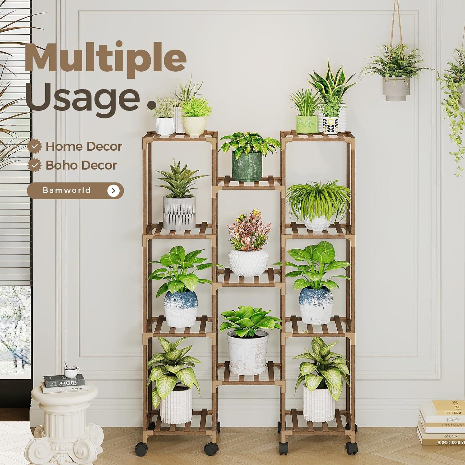 Soporte para Plantas Bamworld con Ruedas 11 Macetas Madera