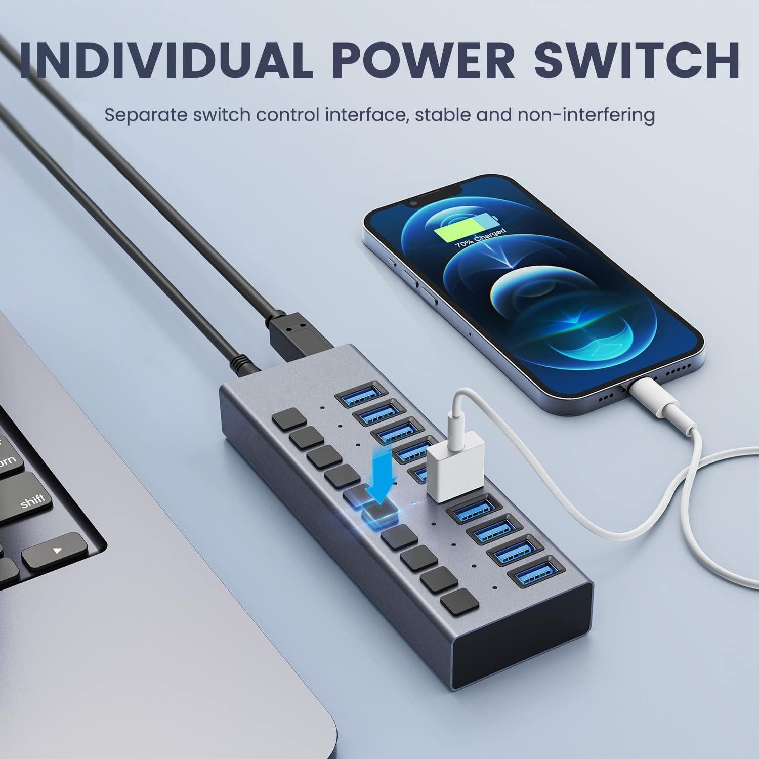 Hub USB 3.0 10 Puertos ACASIS Alimentado 48W con Interruptores