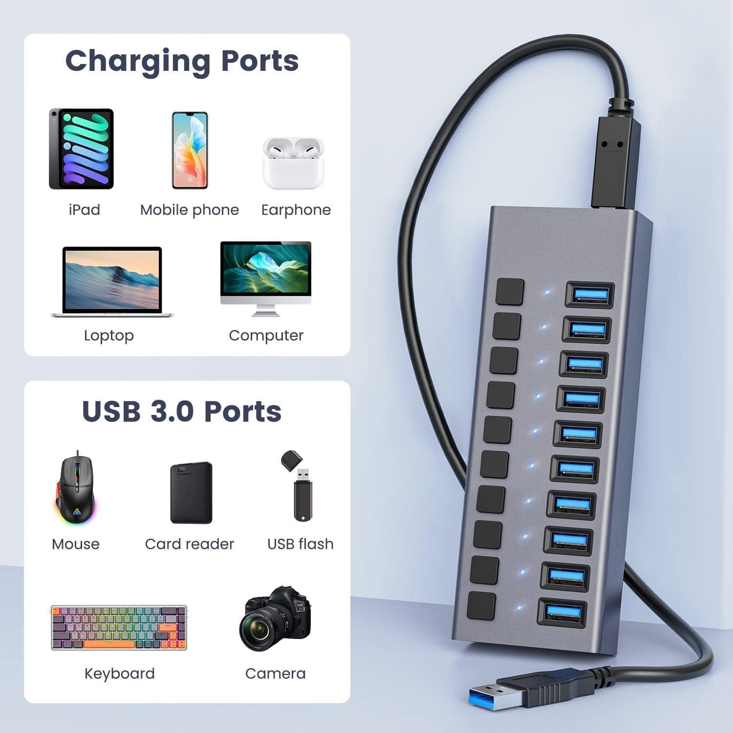 Hub USB 3.0 10 Puertos ACASIS Alimentado 48W con Interruptores