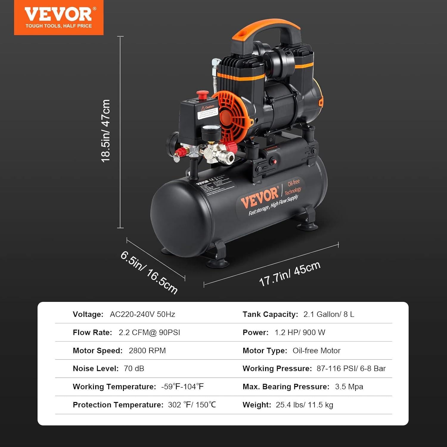 Compresor de Aire VEVOR 2.1 Galones 900W Sin Aceite 2.2 CFM