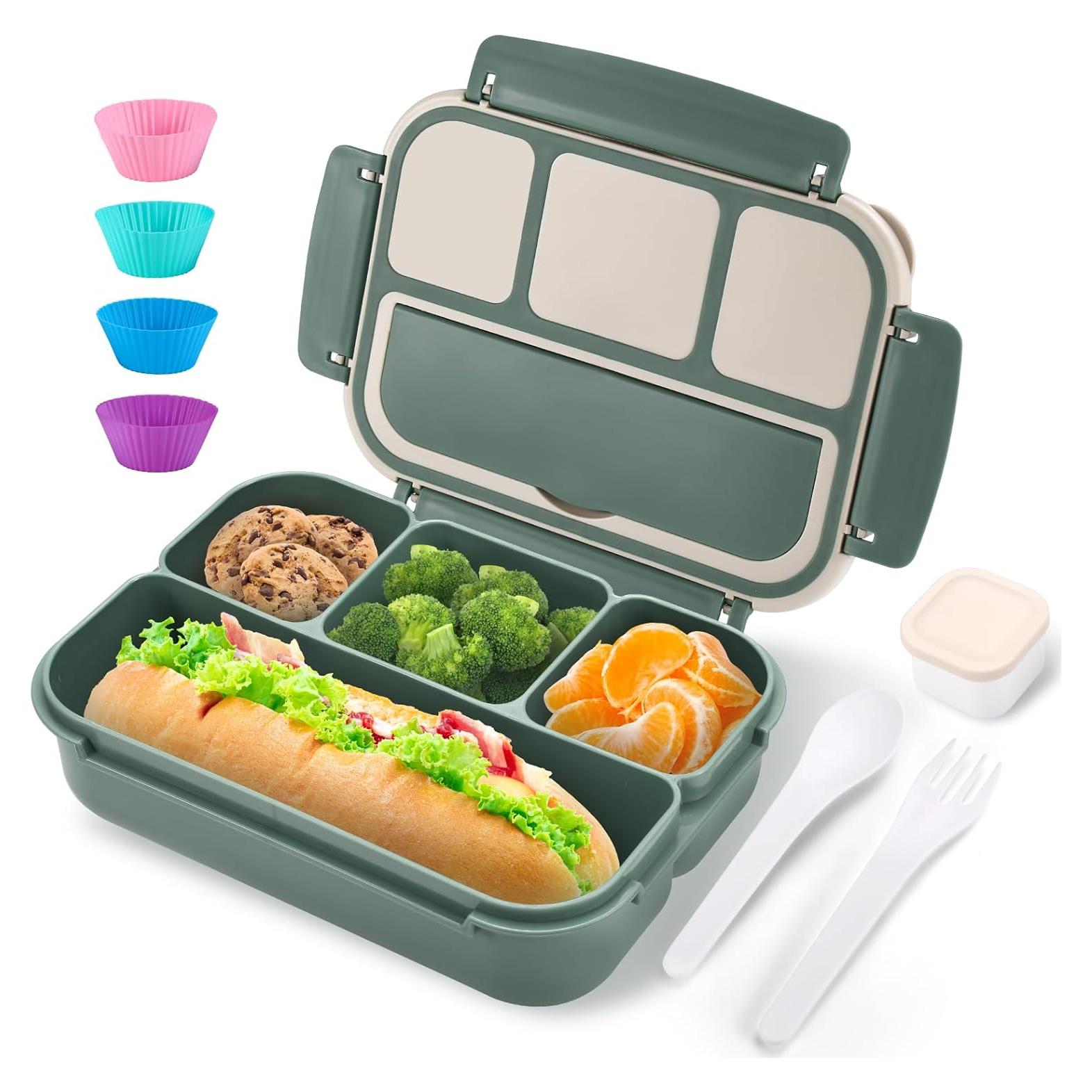 Caja Bento Almuerzo 1200ml Verde Oscuro con Utensilios y Salsa
