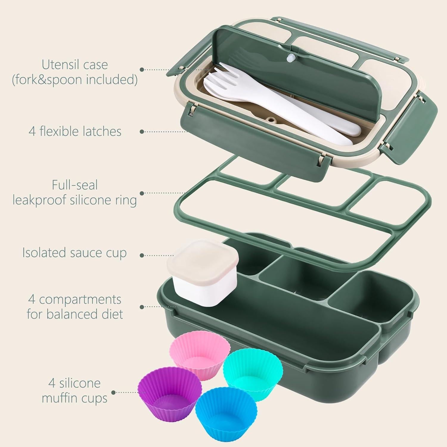 Caja Bento Almuerzo 1200ml Verde Oscuro con Utensilios y Salsa