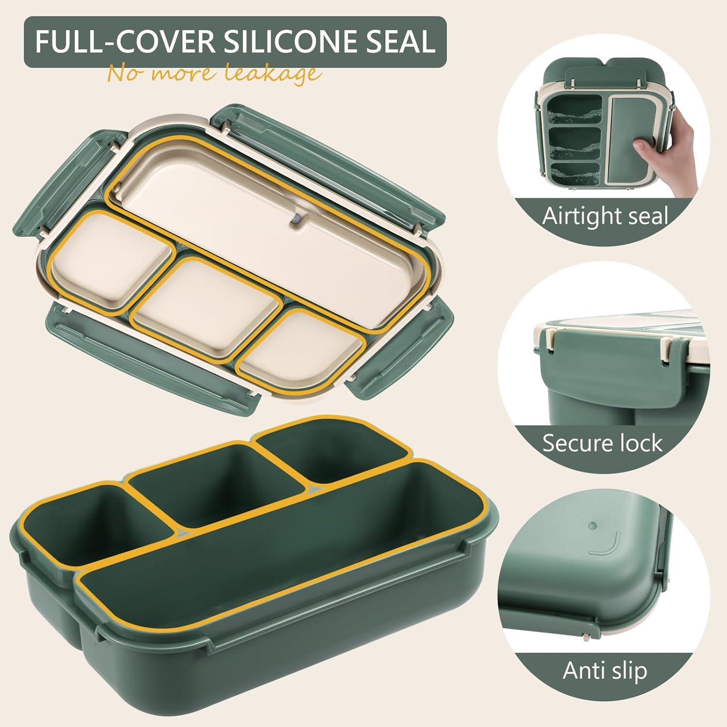 Caja Bento Almuerzo 1200ml Verde Oscuro con Utensilios y Salsa