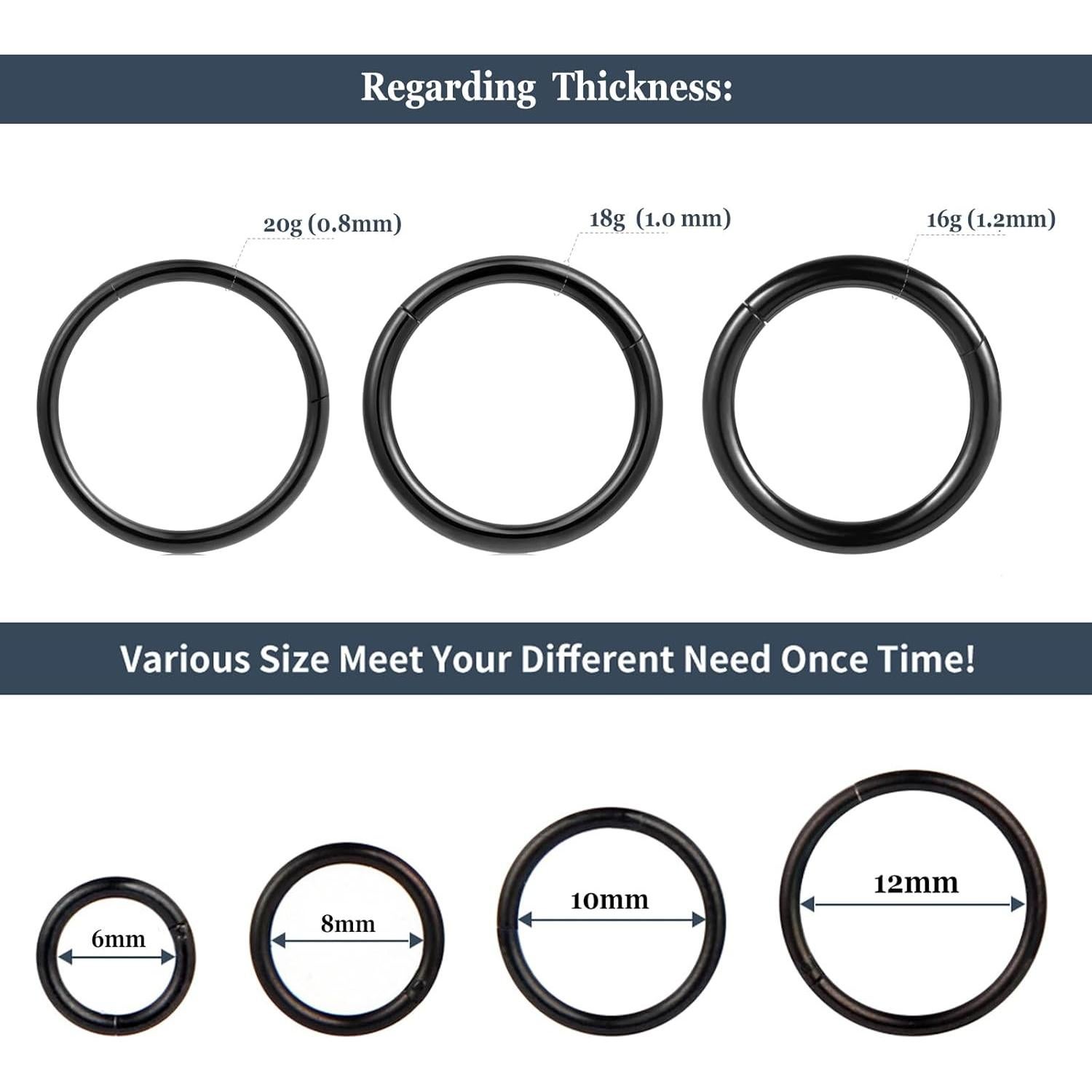 Conjunto 4 Aros de Piercing 16G Acero Quirúrgico 8mm Plata Negro