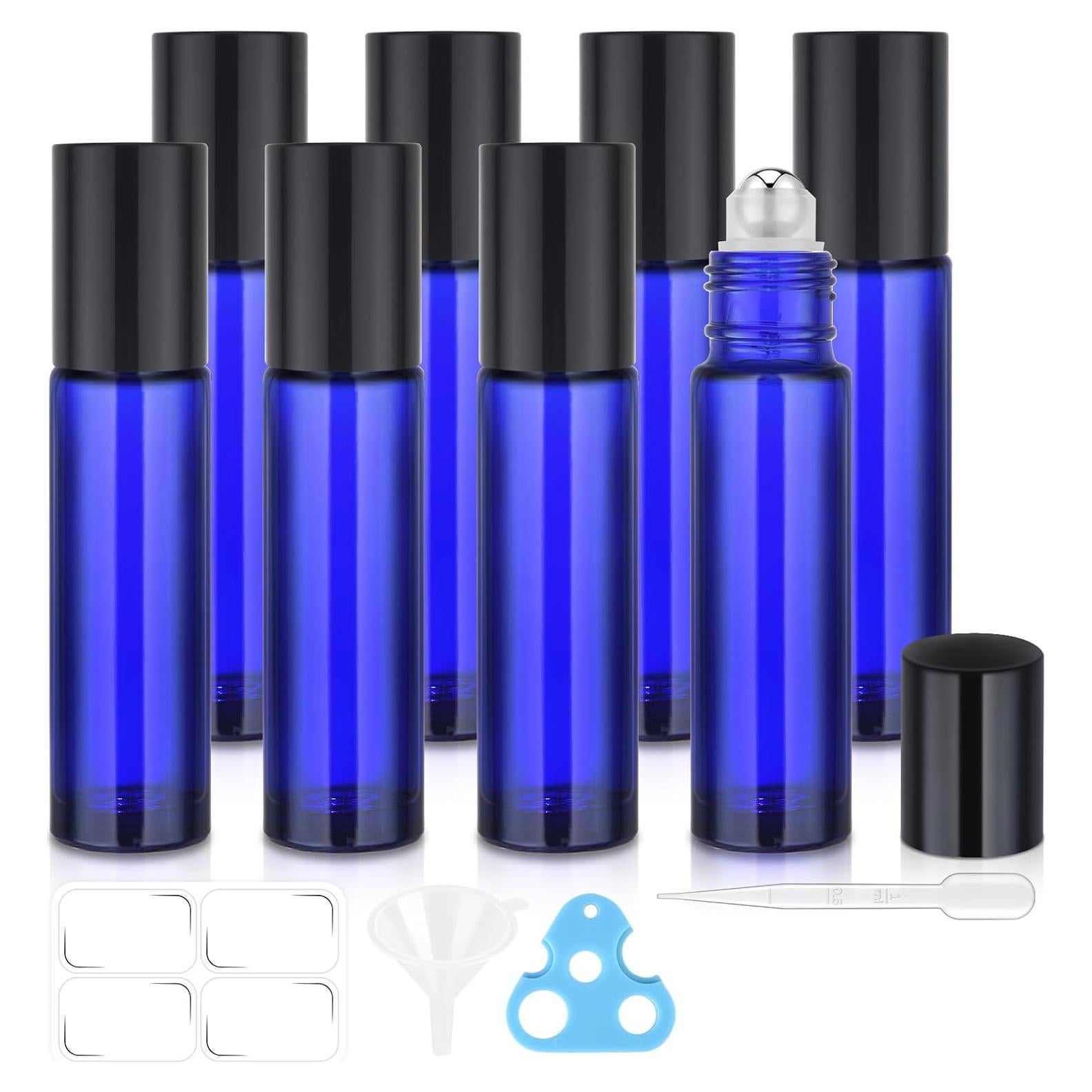 Paquete de 8 Botellas de Vidrio Azul 10ml Bofessor con Rodillo