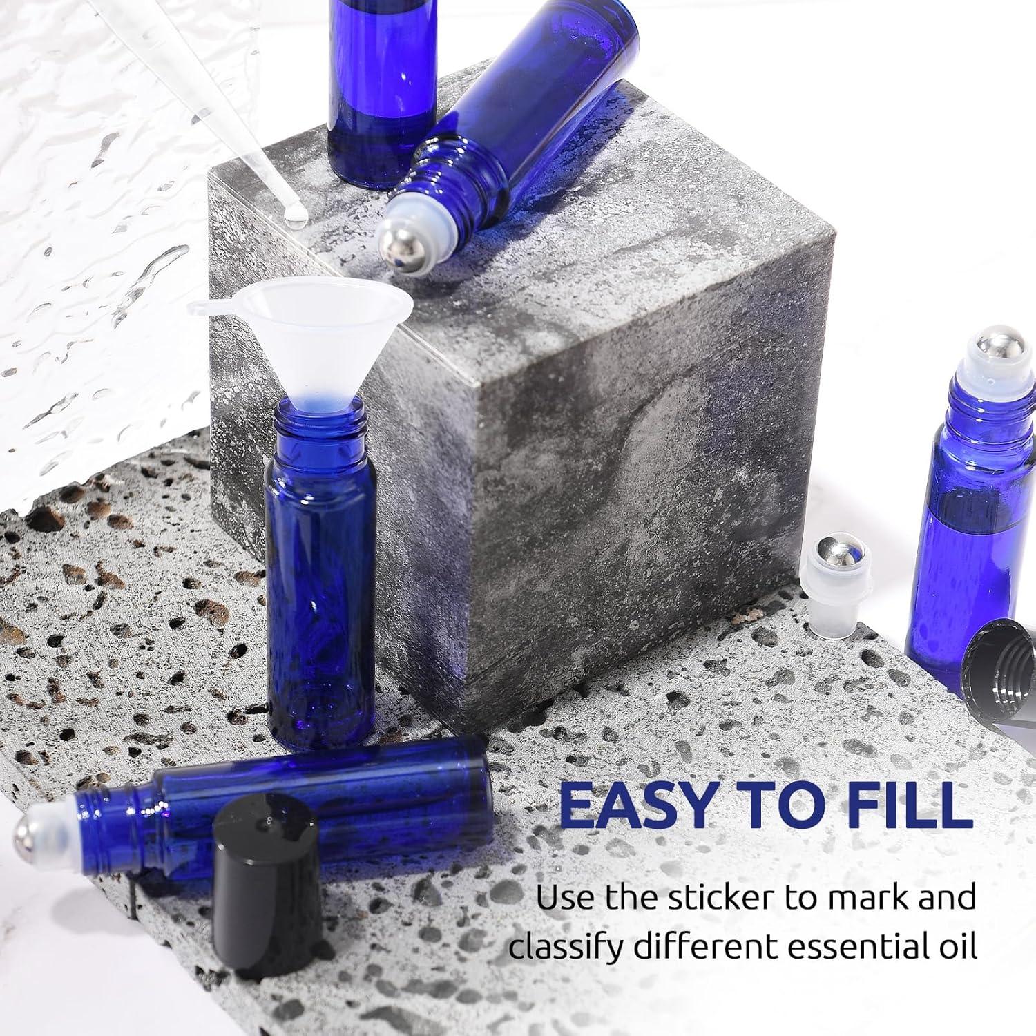 Paquete de 8 Botellas de Vidrio Azul 10ml Bofessor con Rodillo