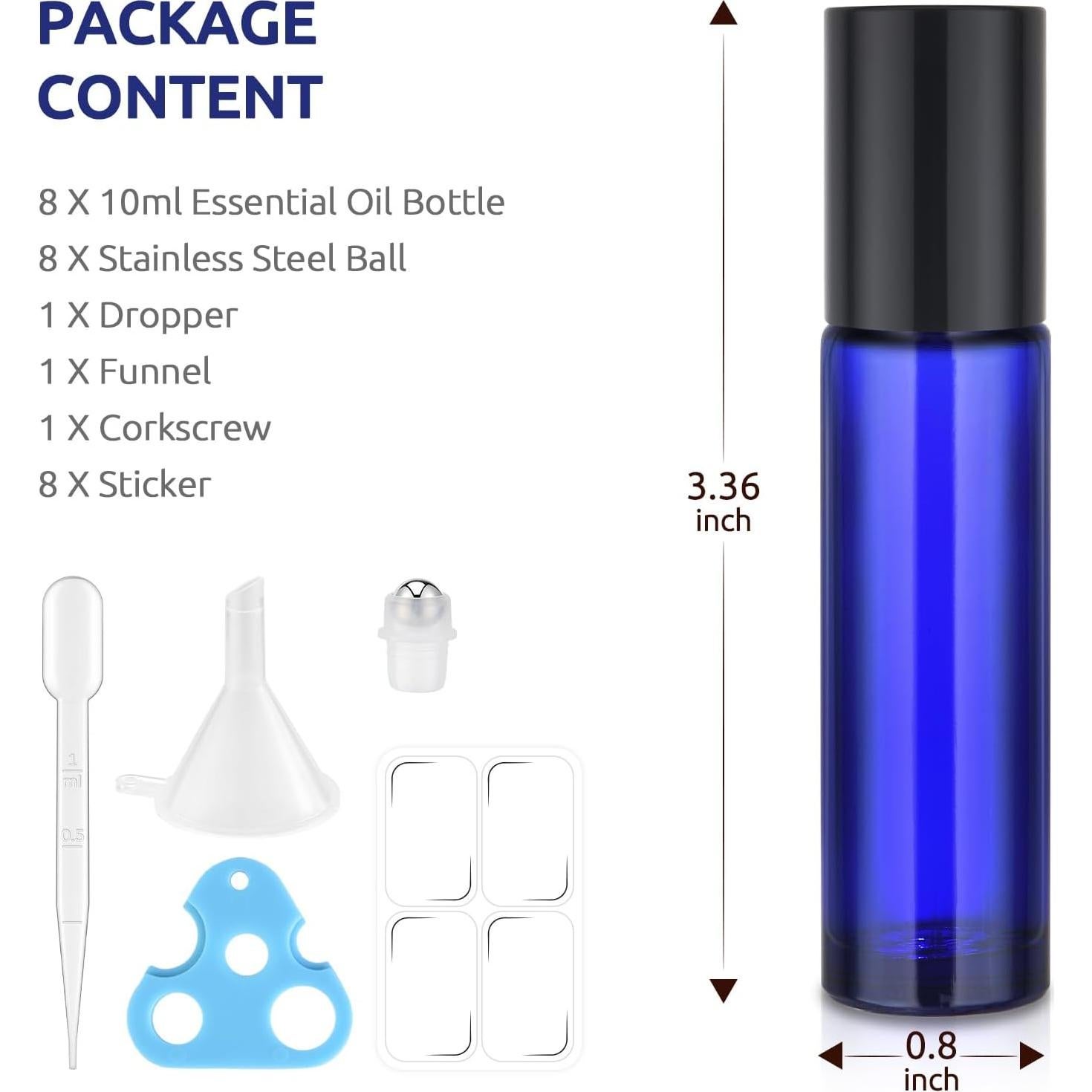 Paquete de 8 Botellas de Vidrio Azul 10ml Bofessor con Rodillo