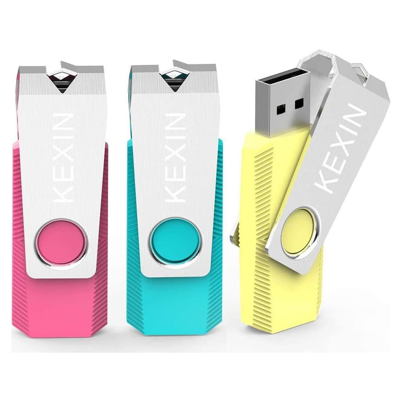 KEXIN Flash Drive 64GB 3 Pack 64 GB Thumb Drive Swivel Pen Drive Data Storage USB Stick with LED Indicator 64G Pink Yellow Cyan