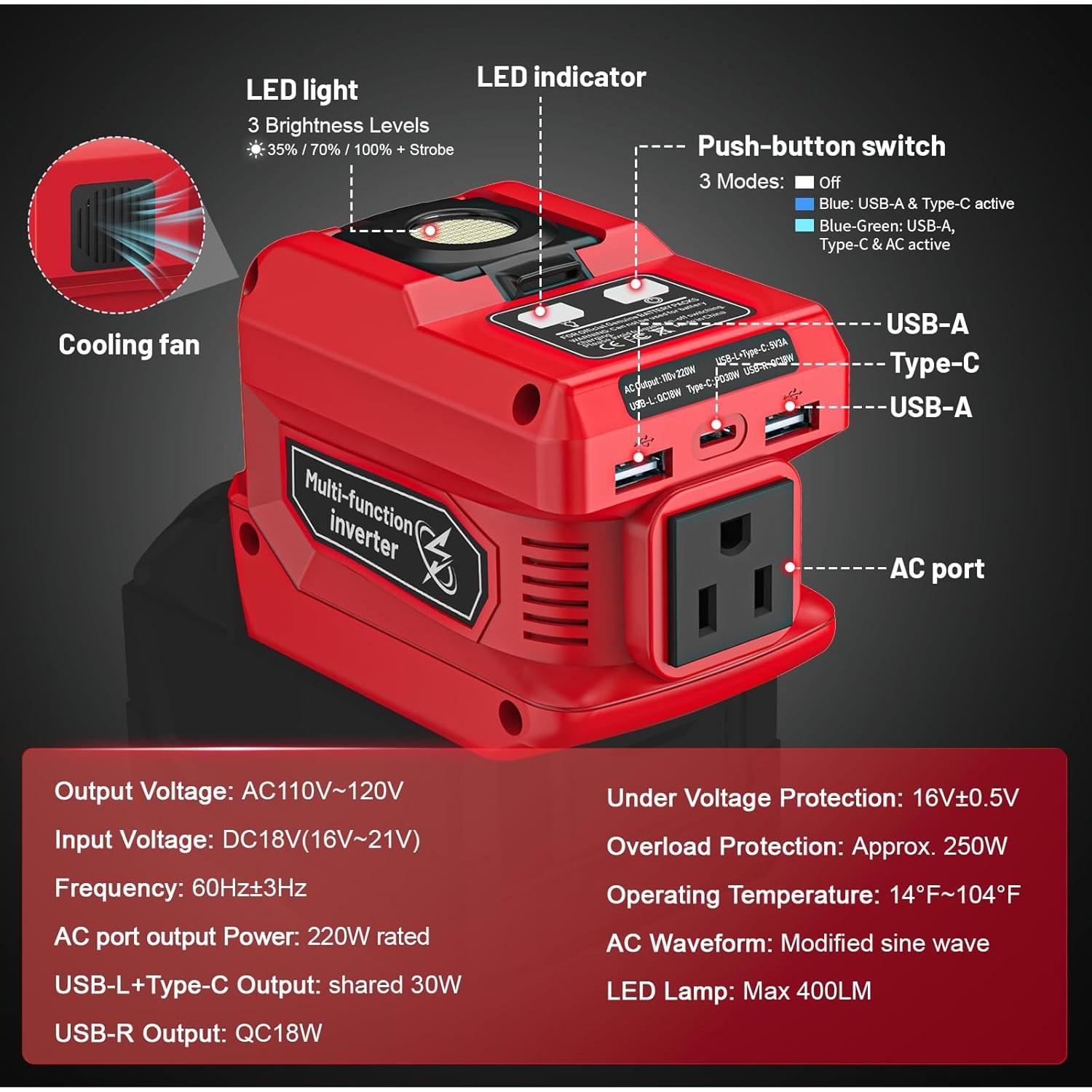 Inversor 220W Azocek Compatible Batería Milwaukee 18V AC 110V