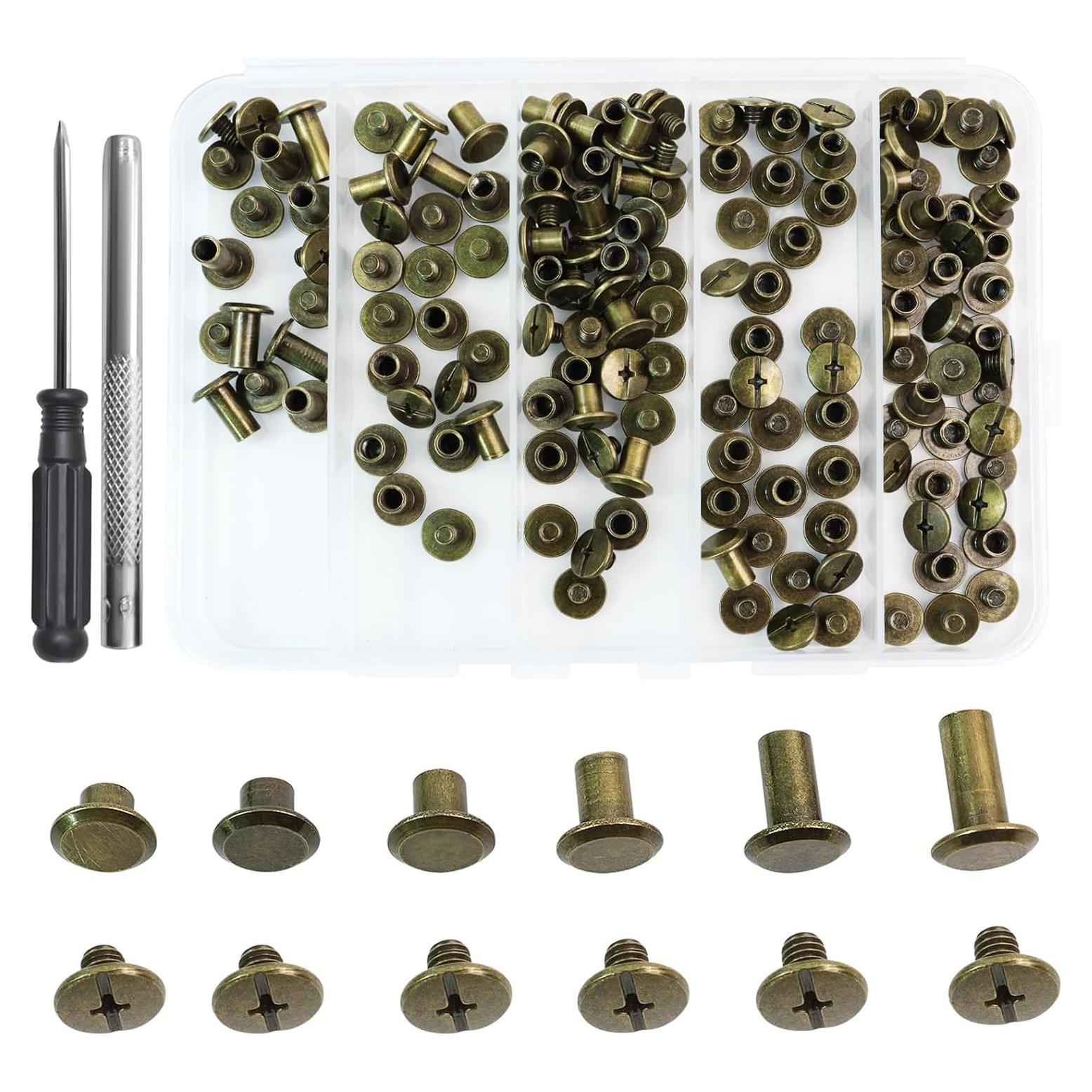 Kit de Remaches de Cuero Quadafy 92 Piezas Bronce 6 Tamaños