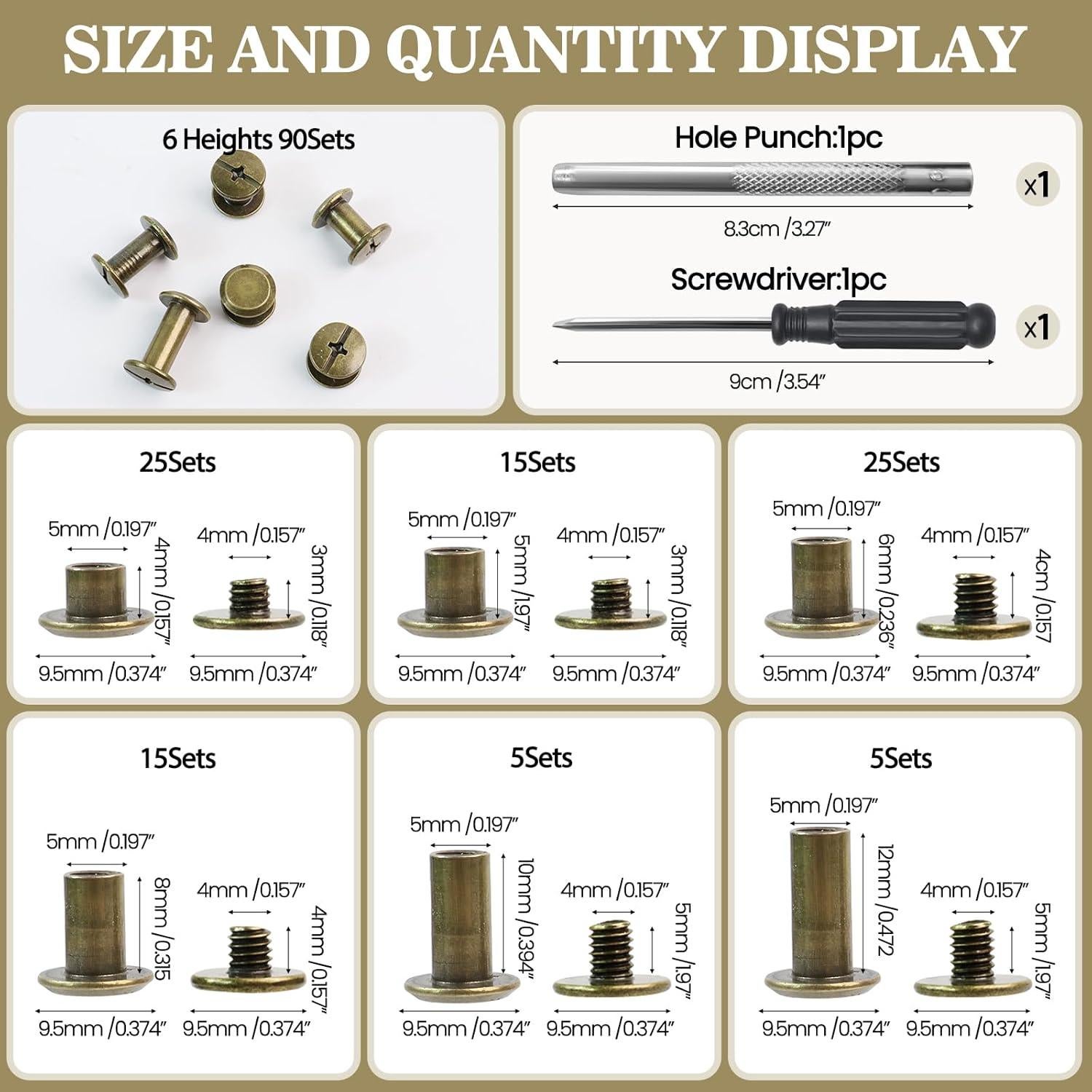 Kit de Remaches de Cuero Quadafy 92 Piezas Bronce 6 Tamaños