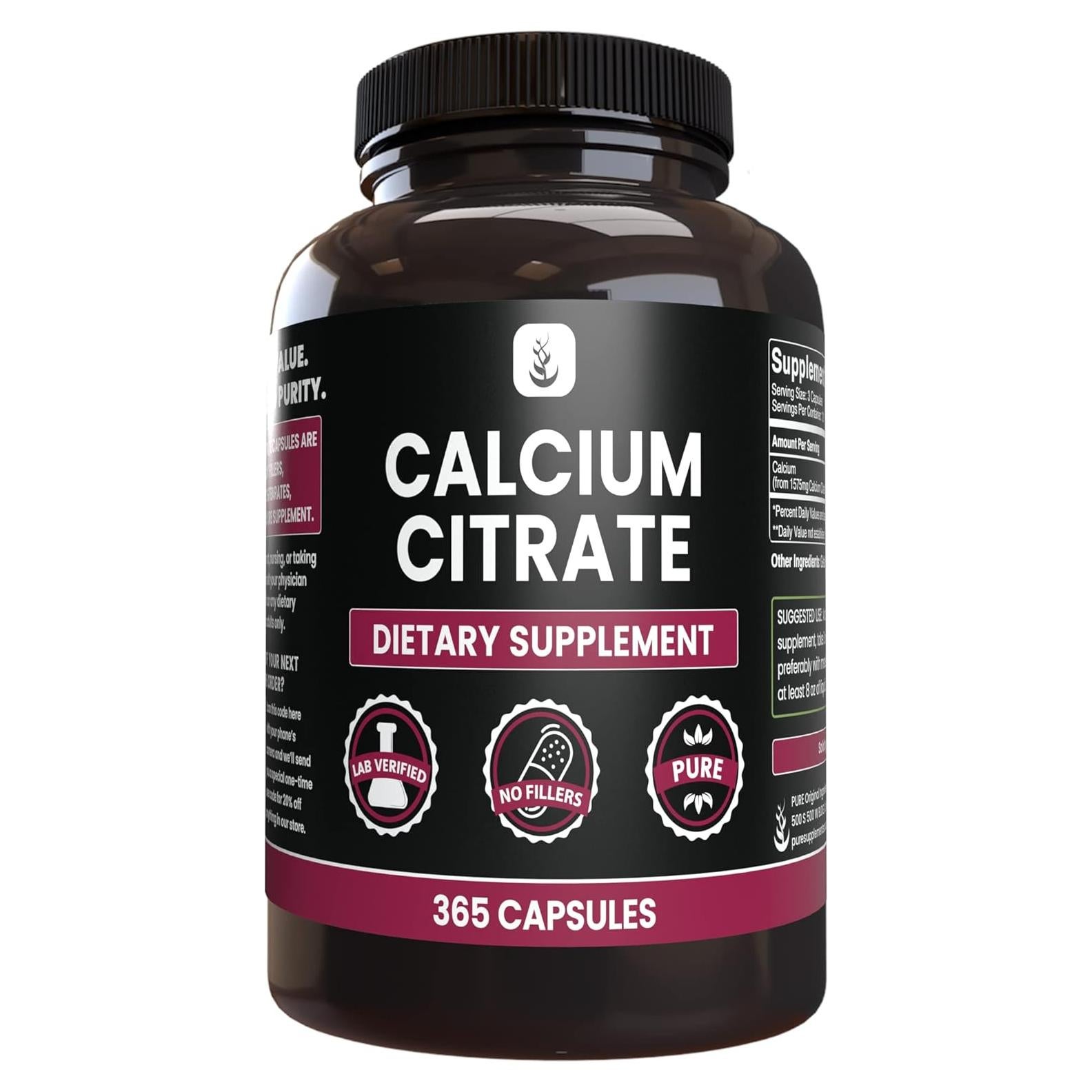 Citrato de Calcio Ingredientes Originales Puros 365 Cápsulas