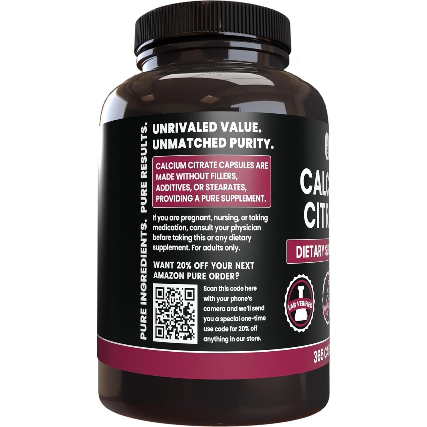 Citrato de Calcio Ingredientes Originales Puros 365 Cápsulas