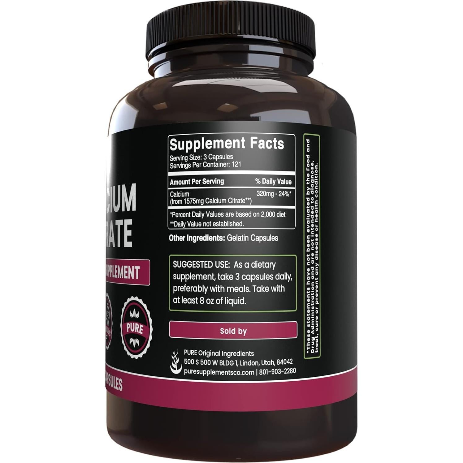 Citrato de Calcio Ingredientes Originales Puros 365 Cápsulas