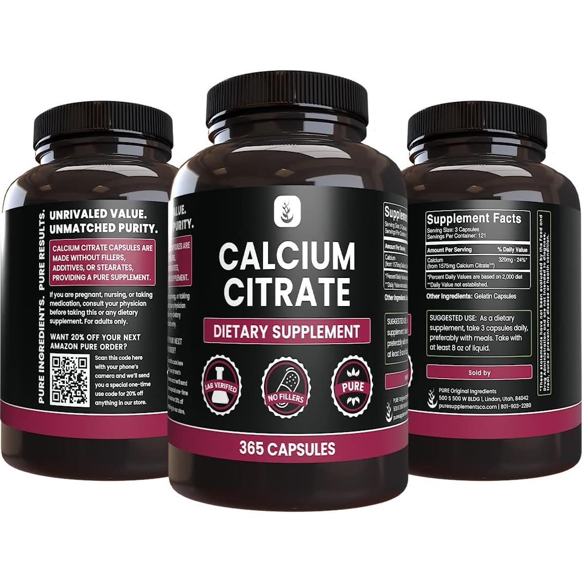 Citrato de Calcio Ingredientes Originales Puros 365 Cápsulas