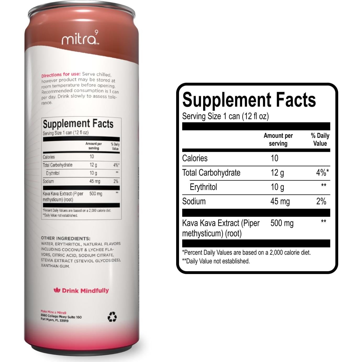 Bebida Espumosa de Kava Mitra9 con Coco y Lichi 355 ml - 4 Unidades