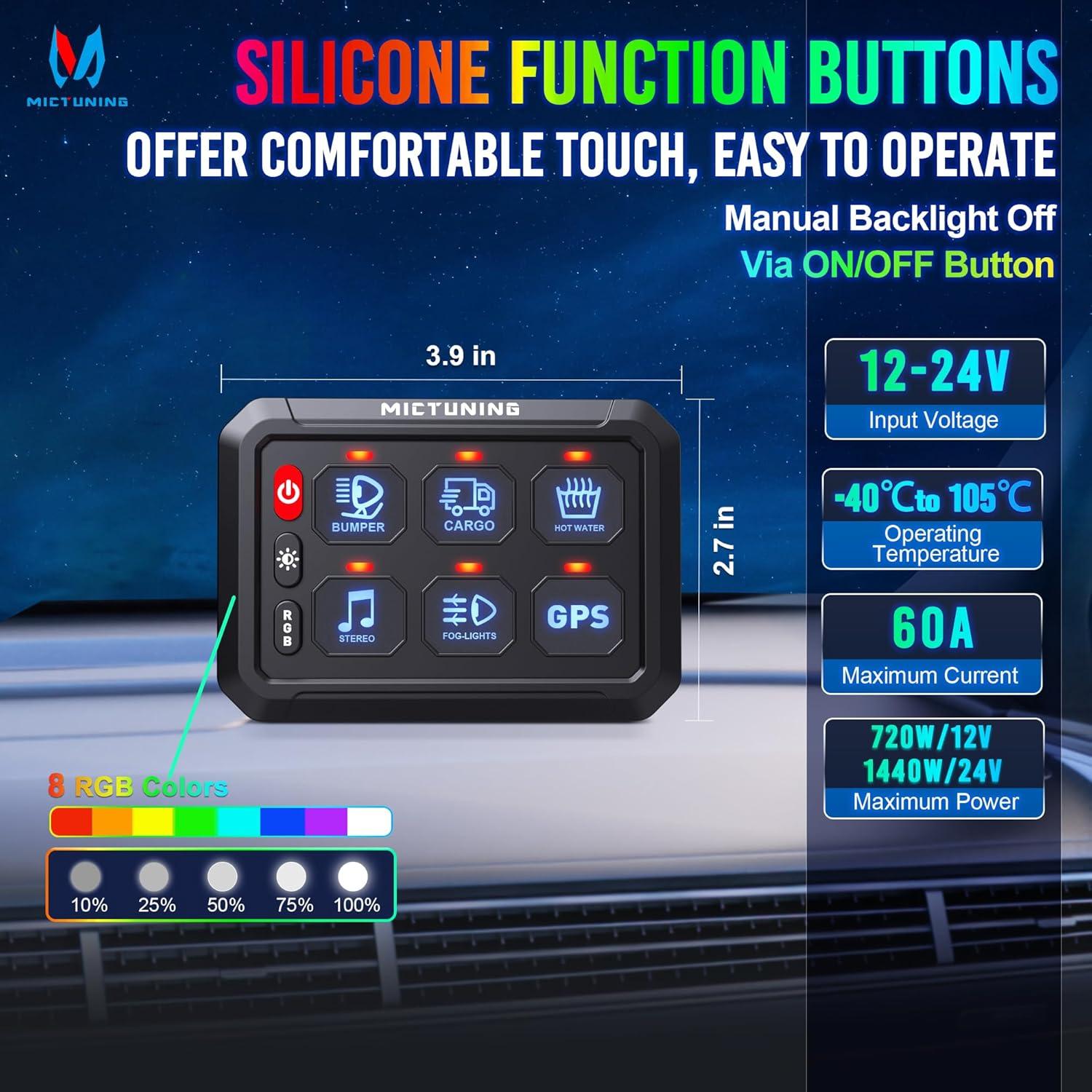Panel de Interruptores MICTUNING RGB 6 Gang 12V con Retroiluminación