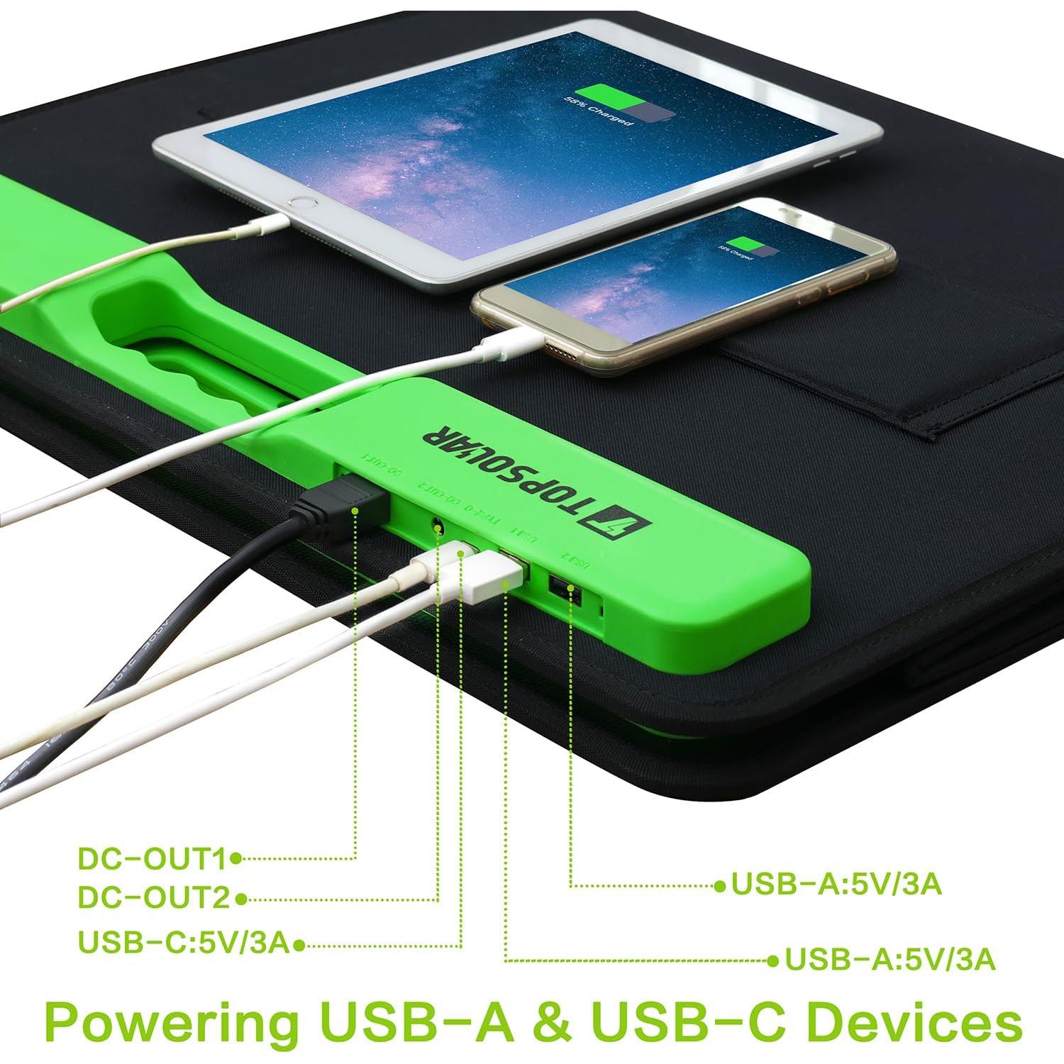 Panel Solar Plegable 100W Topsolar Carga Rápida USB DC 19V