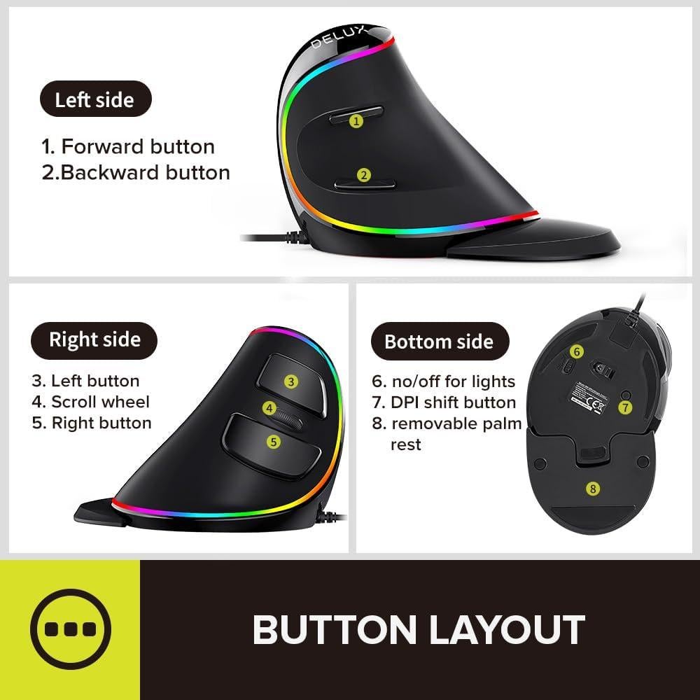 Mouse Vertical Ergonomico DeLUX M618Plus RGB 4000DPI Grande