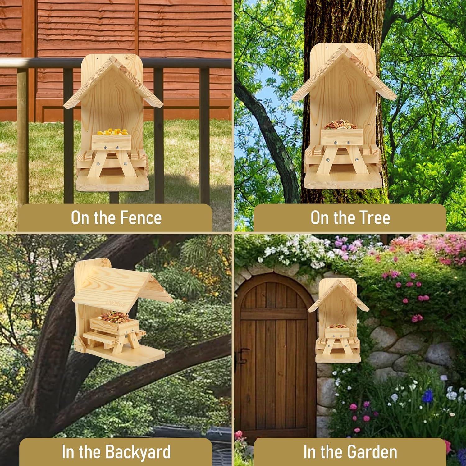 Comedero para Ardillas UNQBWE con Tejado y 2 Bancos 31x29cm