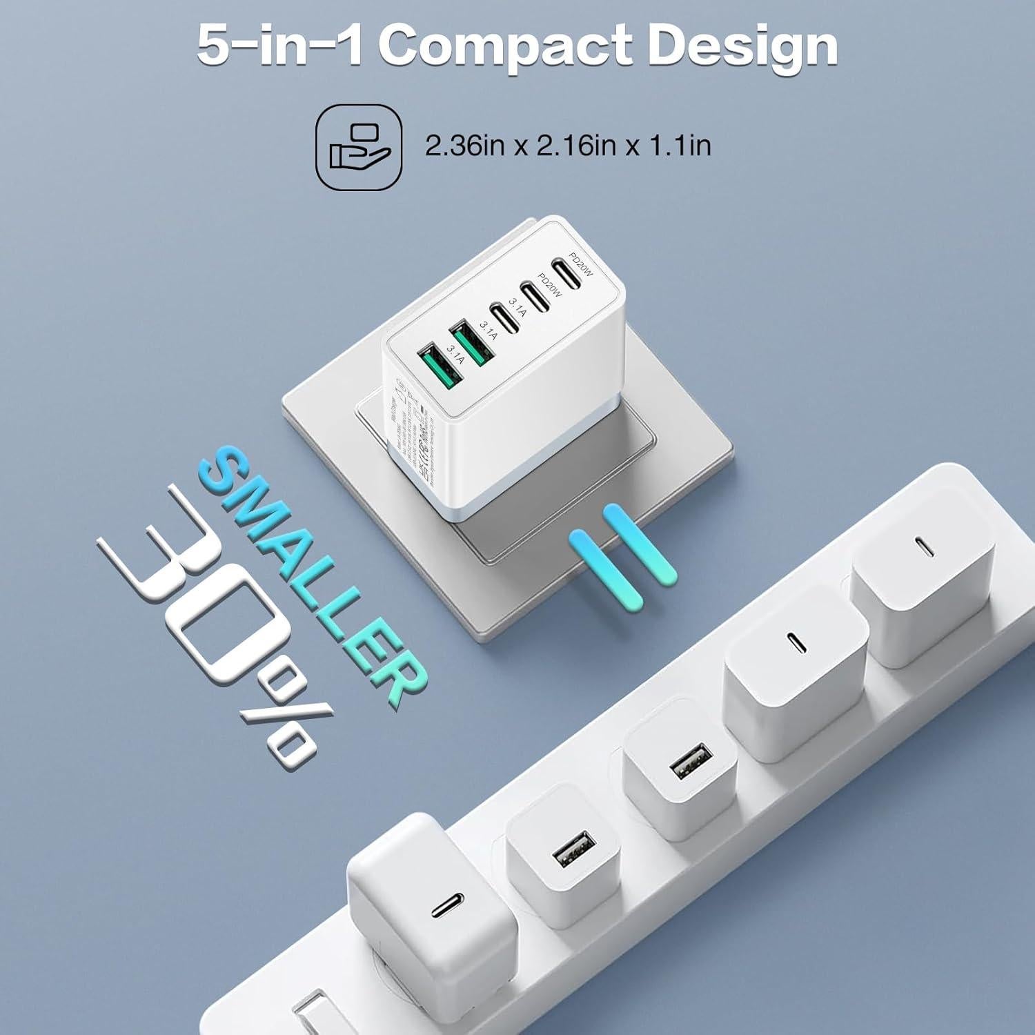 Cargador Rápido USB C Ancekoy 50W 5 Puertos PD3.0 Blanco