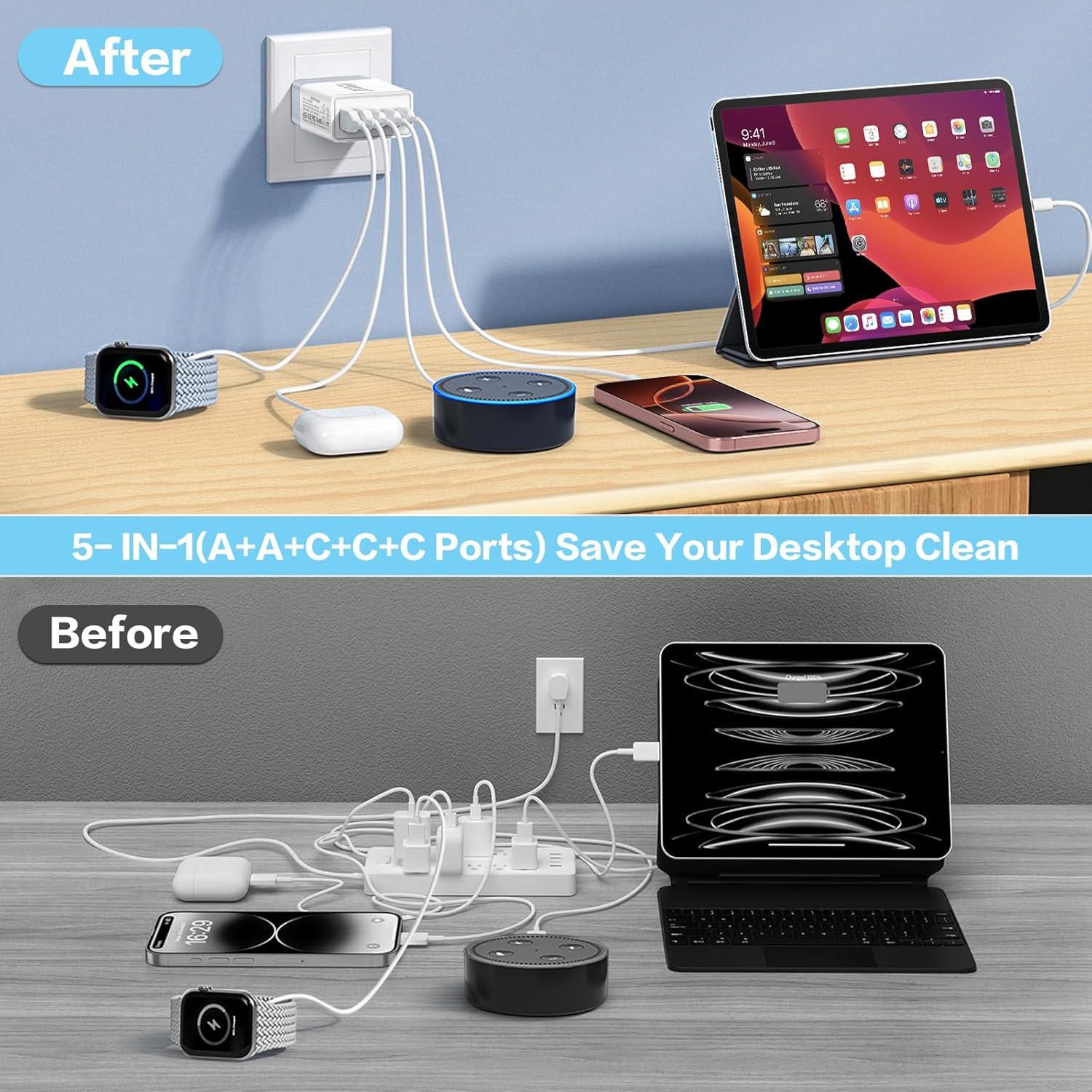 Cargador Rápido USB C Ancekoy 50W 5 Puertos PD3.0 Blanco