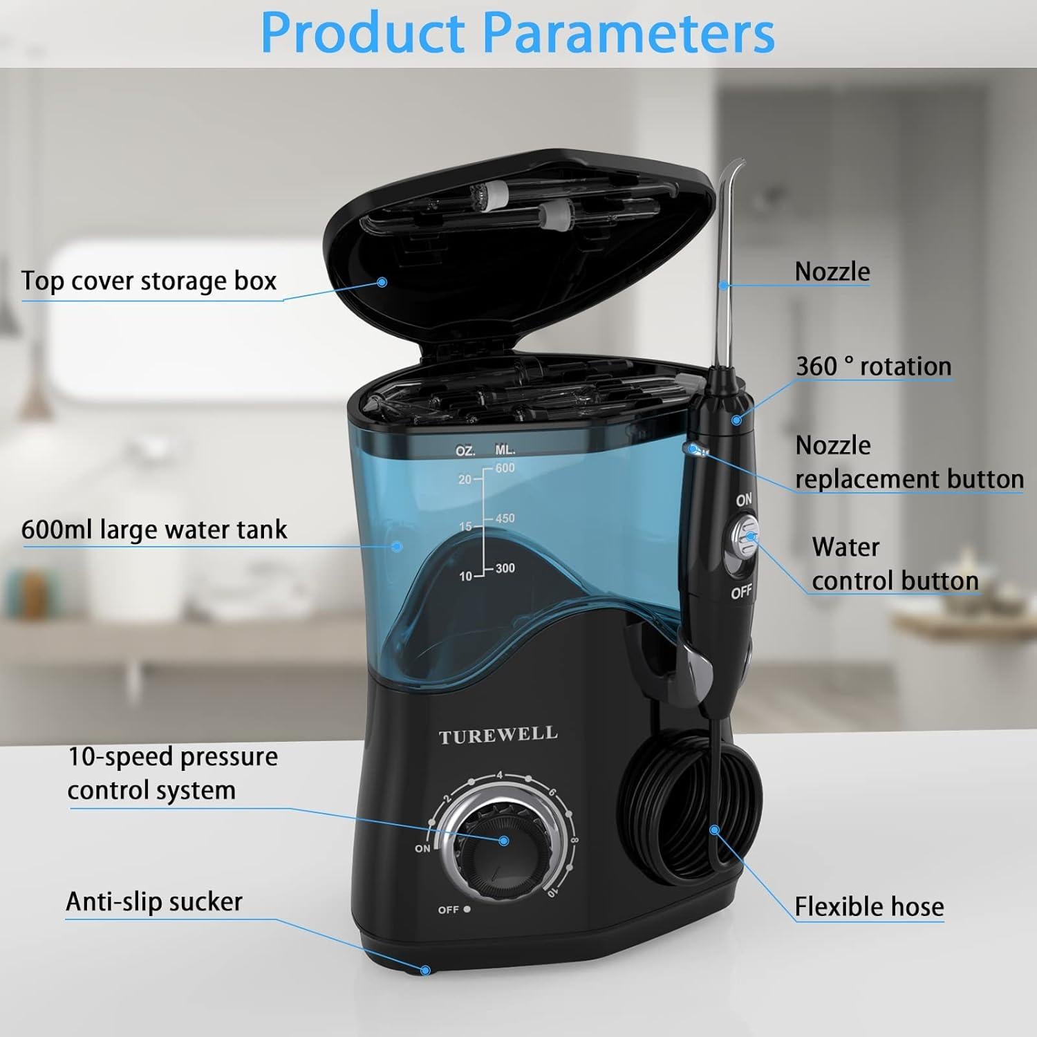 Irrigador Dental TUREWELL 600ML 8 Puntas 10 Niveles Presión Negro