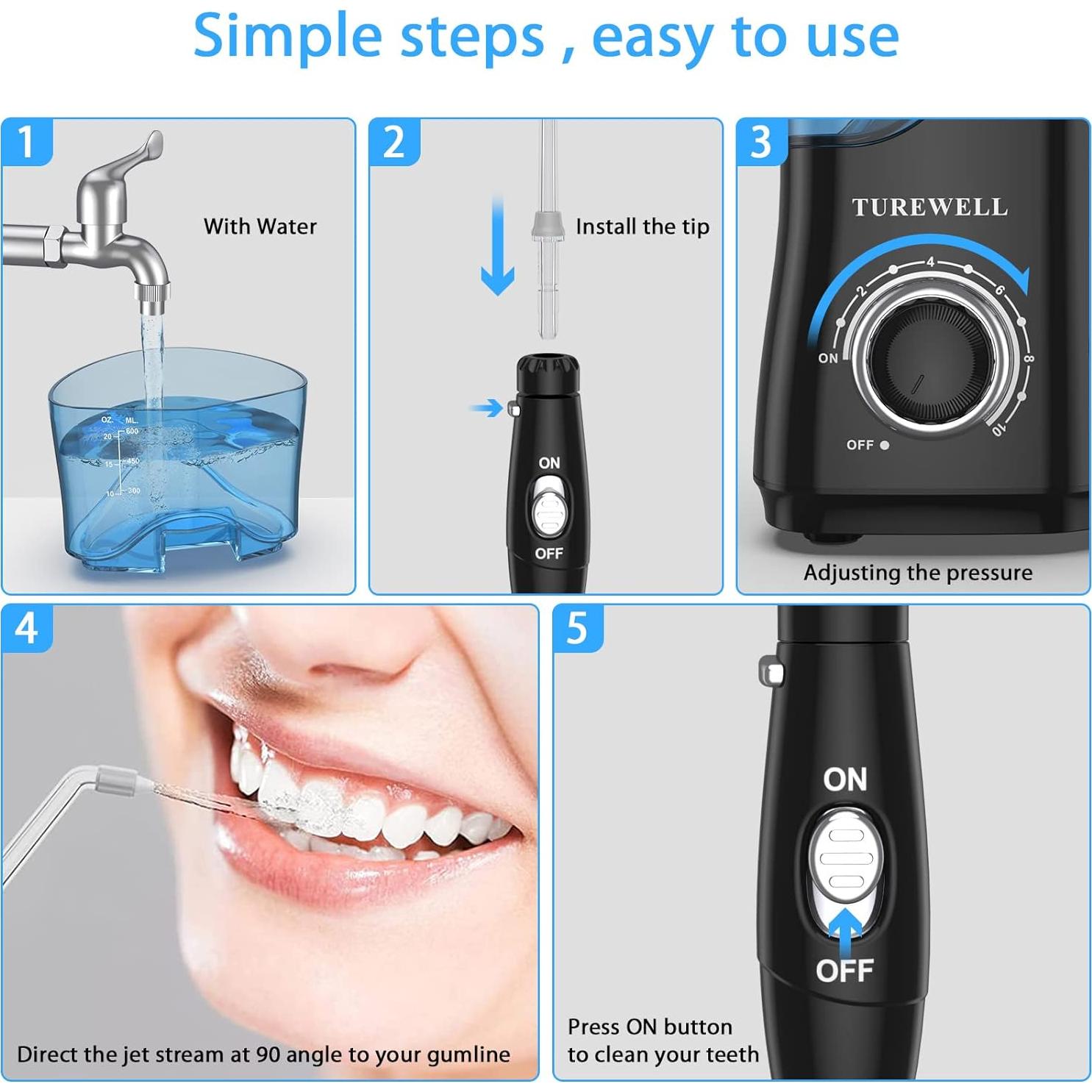 Irrigador Dental TUREWELL 600ML 8 Puntas 10 Niveles Presión Negro