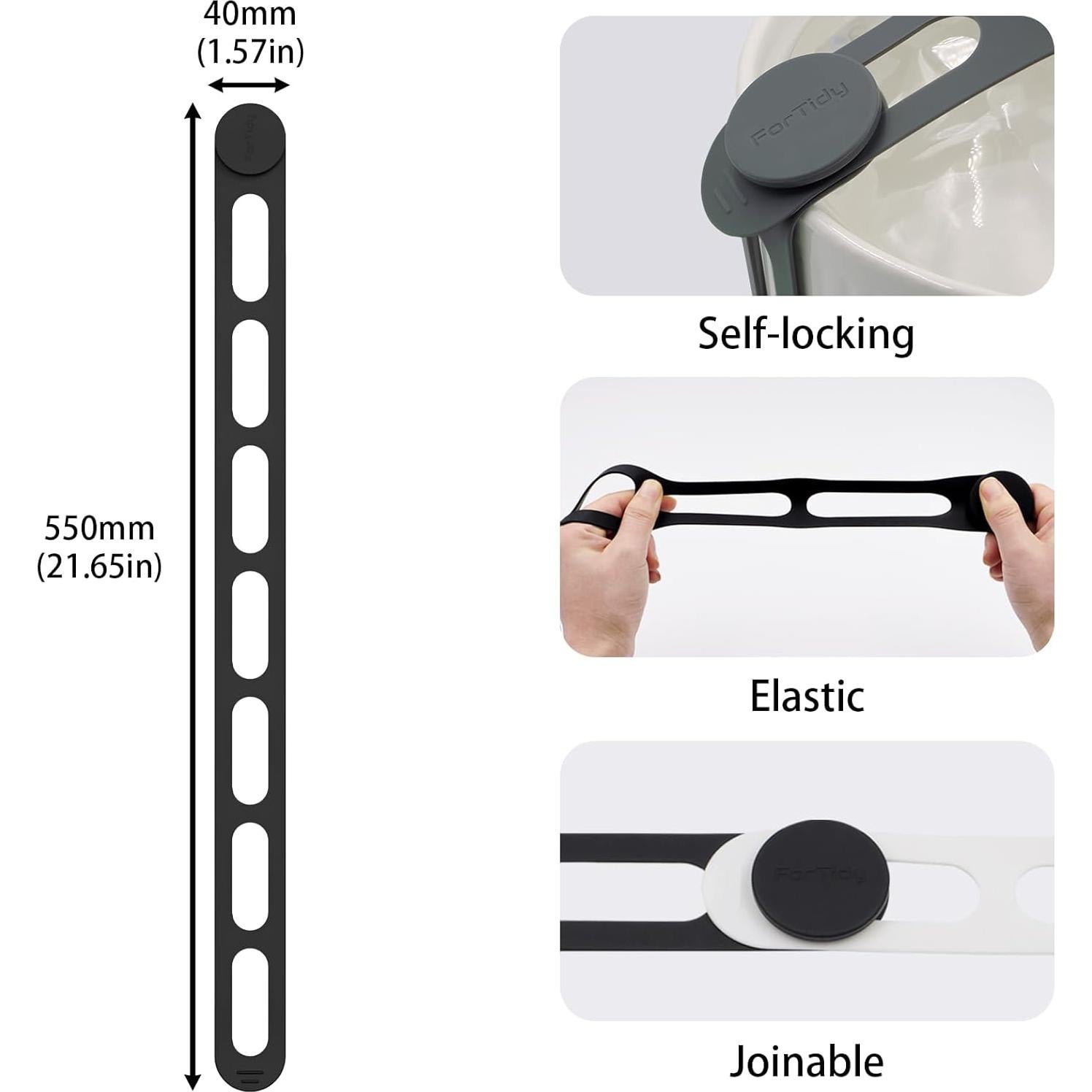 Silicone Latch Strap for Slow Cooker Lid, Pot, Bento Box, 21.65 In Reusable Elastic Self-Lock Silicone Tie for Bundling or Organizing Curtain, Cords, Yoga Mat, Camping Mat, 2pcs (Black&Black)