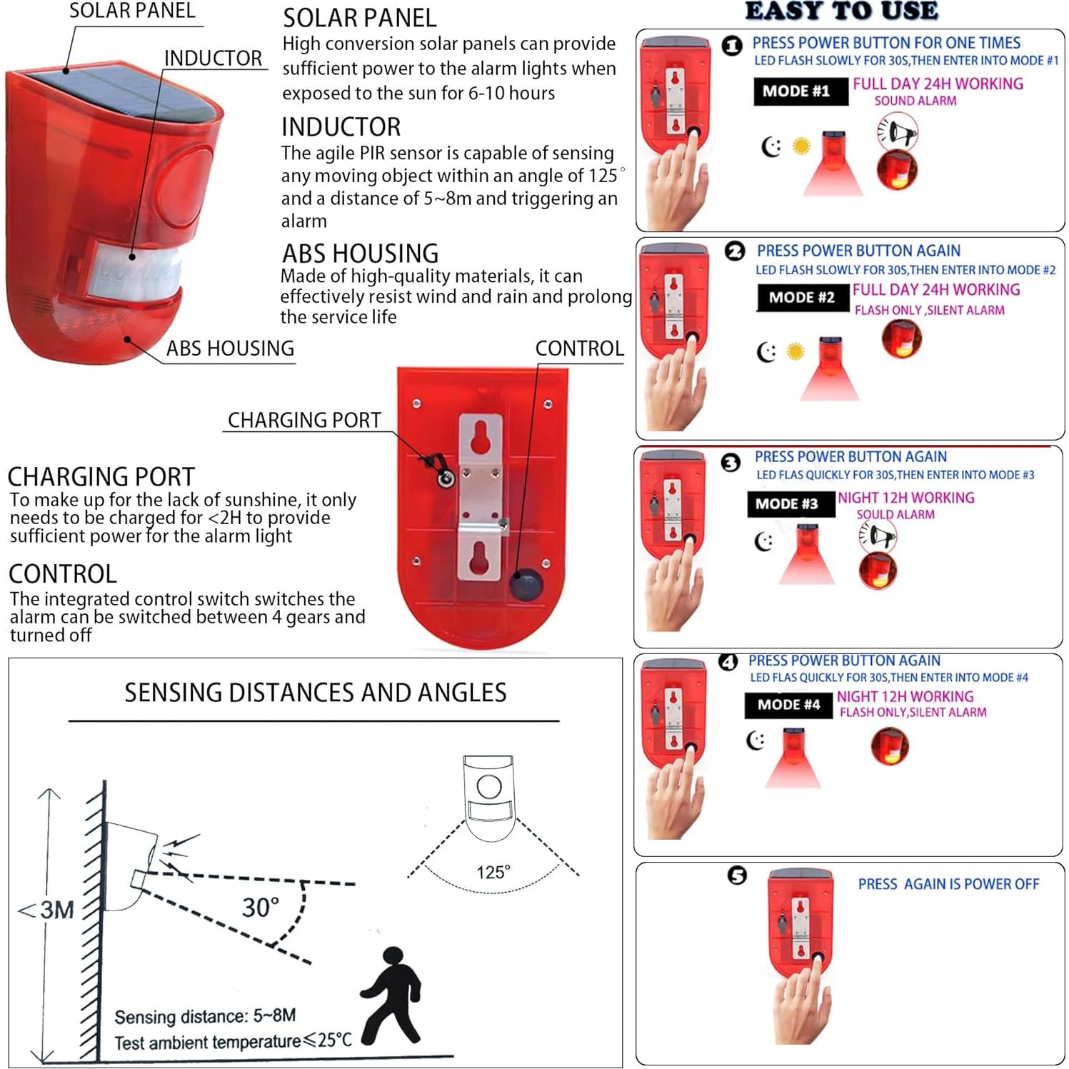 Alarma Solar QXMH con Sensor de Movimiento y Luz Estroboscópica