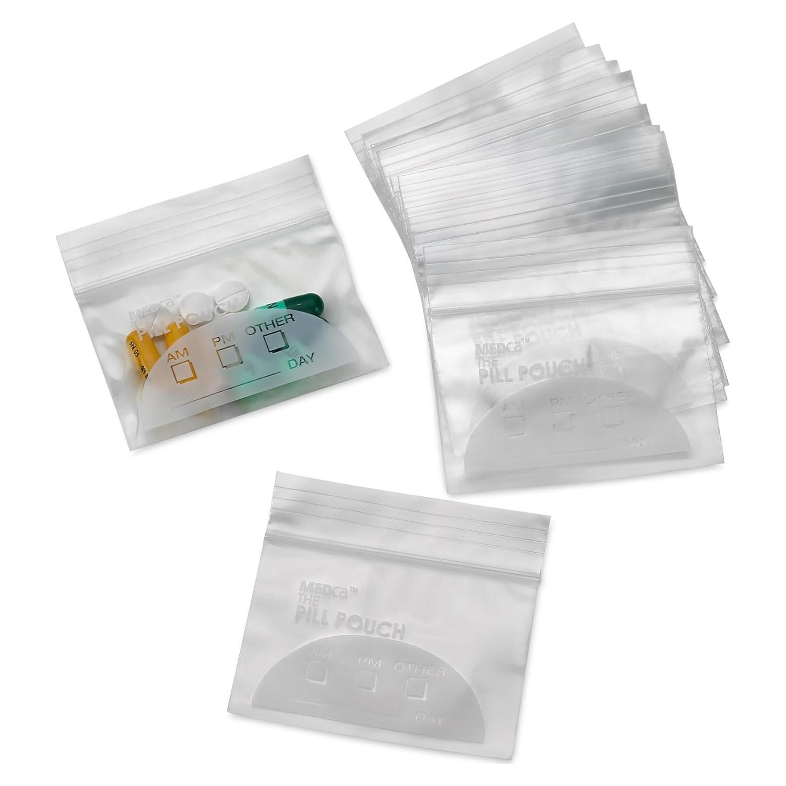 Pill Pouch Bags - (Pack of 100) 3" x 2.75" Pill Baggies and Disposable Plastic Travel Pill Bags with Write-on Labels