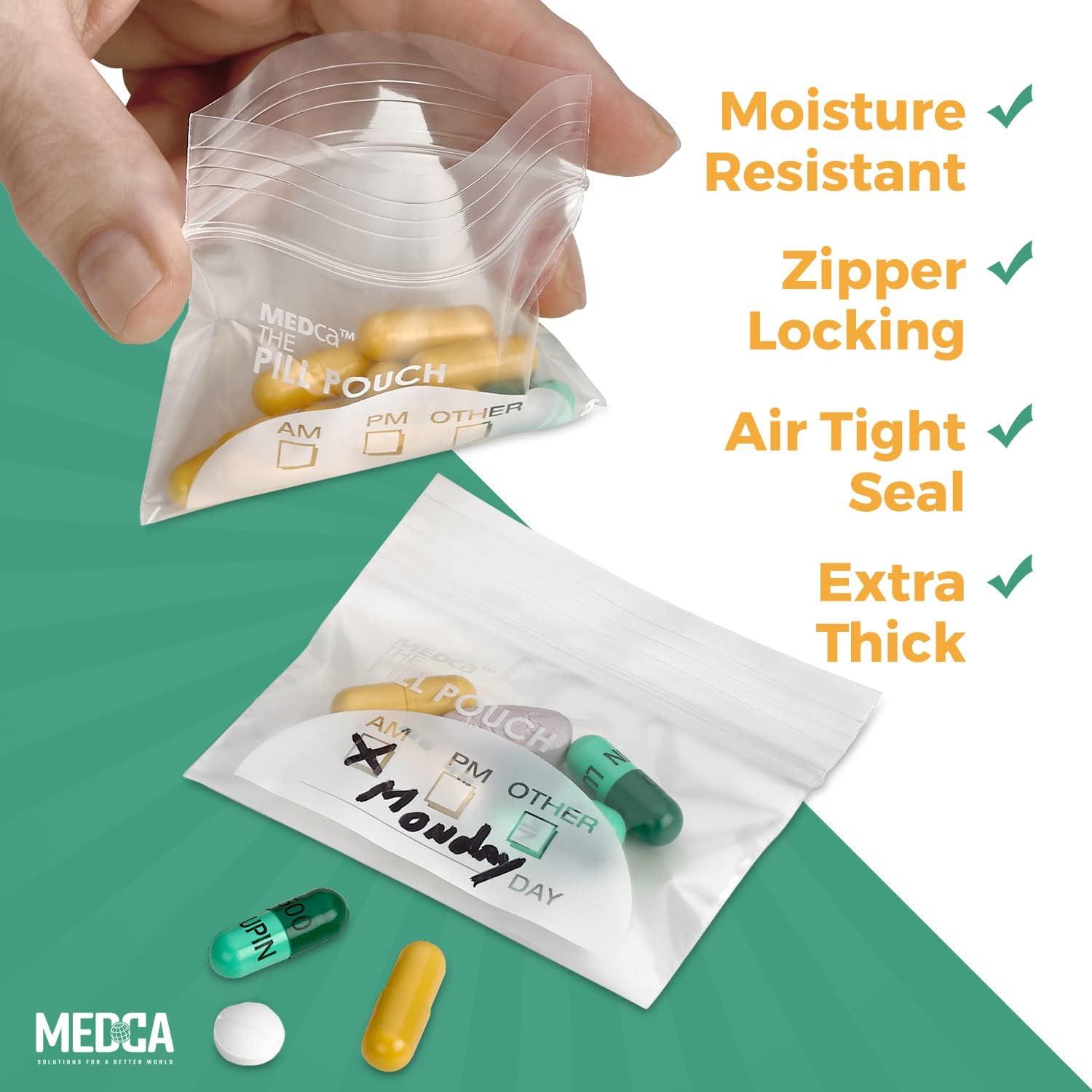Pill Pouch Bags - (Pack of 100) 3" x 2.75" Pill Baggies and Disposable Plastic Travel Pill Bags with Write-on Labels