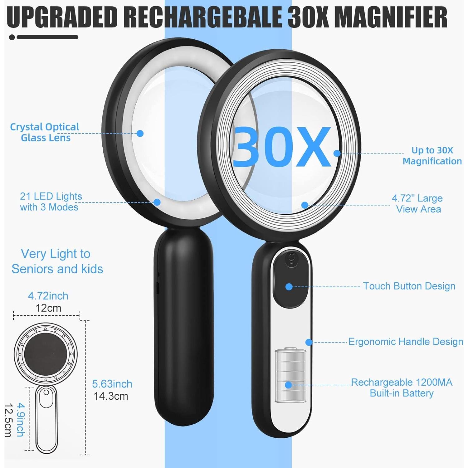 Lupa Recargable Arsir 30X con Luz LED 4.72" para Lectura