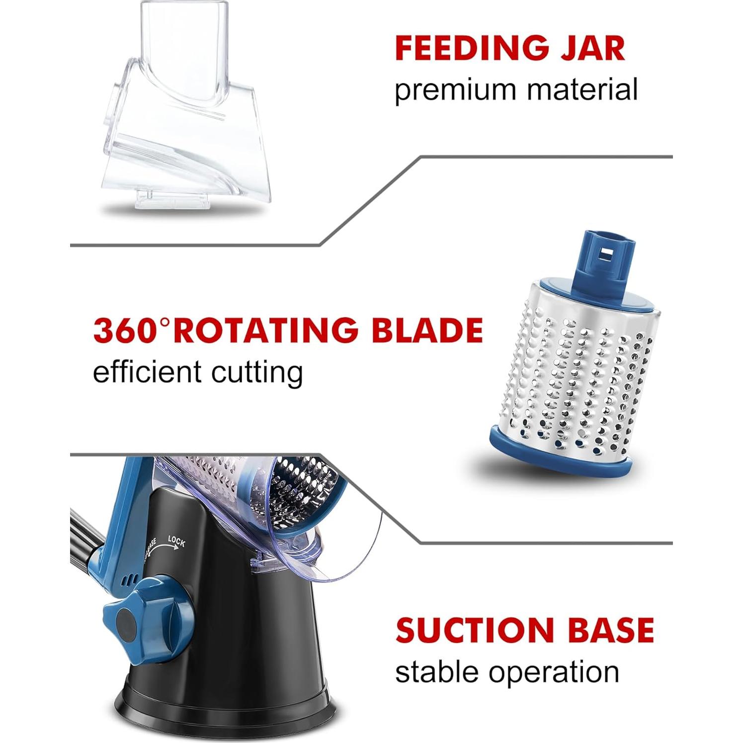 Rallador de Queso Rotativo GDL con 3 Cuchillas de Acero Inoxidable