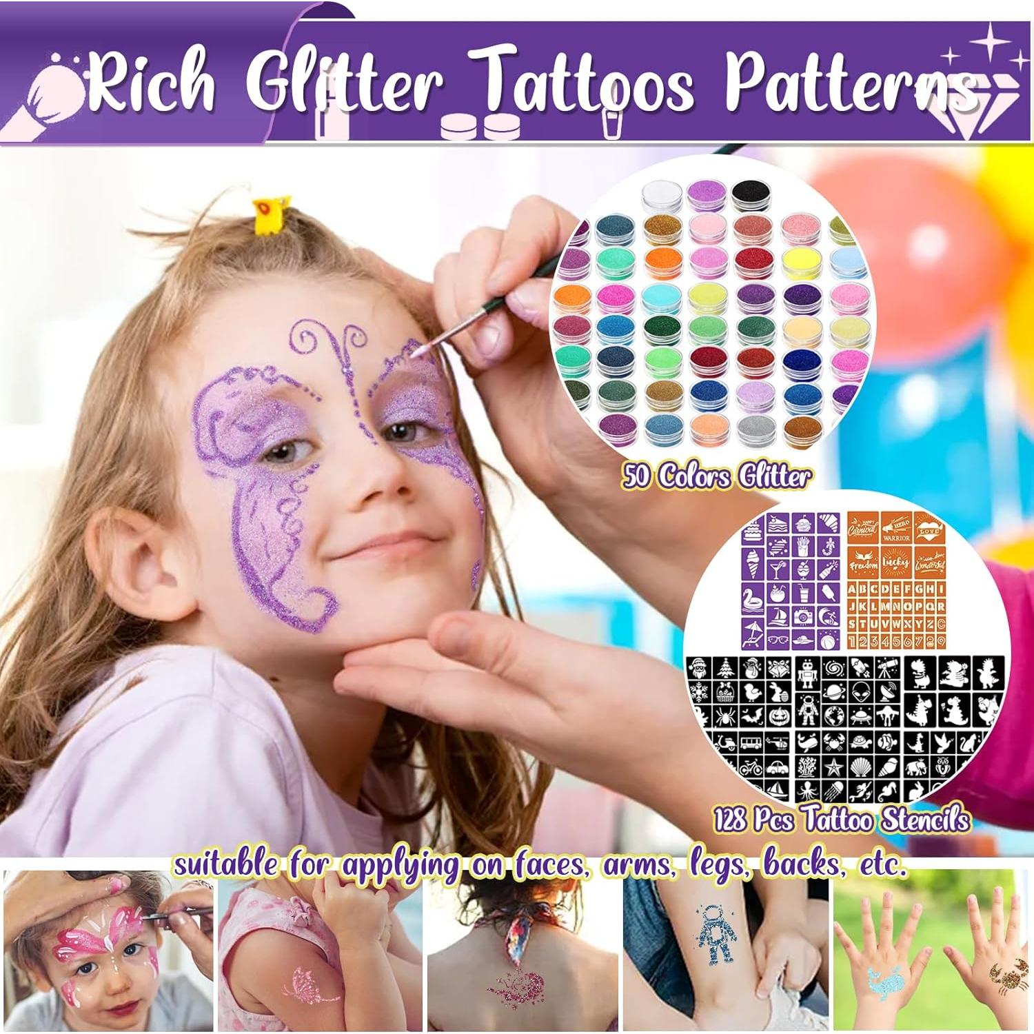 Kit de Tatuajes de Brillo TEUVO para Niños - 50 Colores y 128 Plantillas