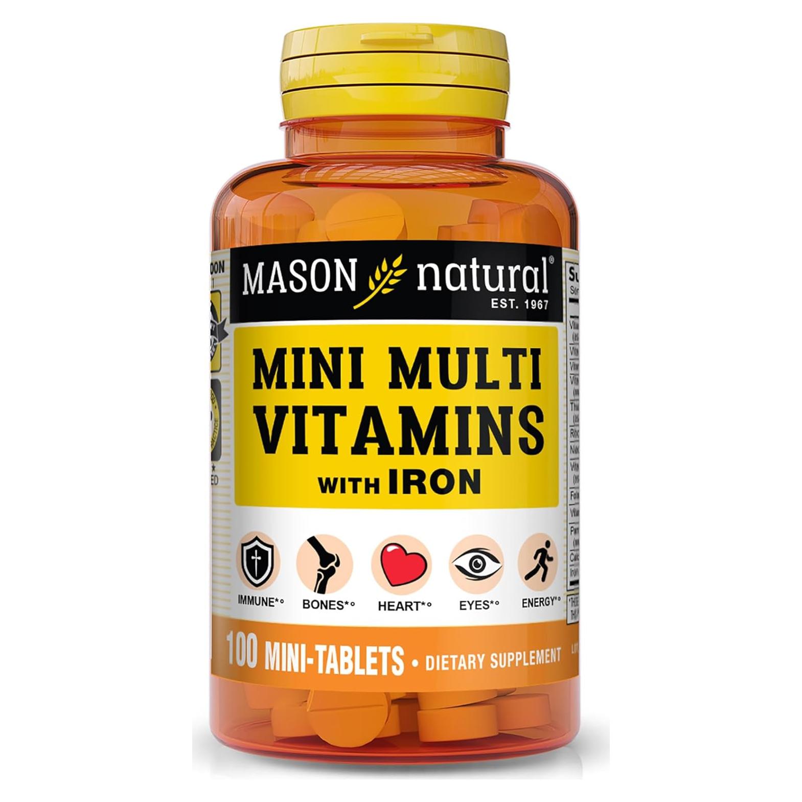 Vitaminas Múltiples Diarias Mason Natural Mini con Hierro 100 Tabletas