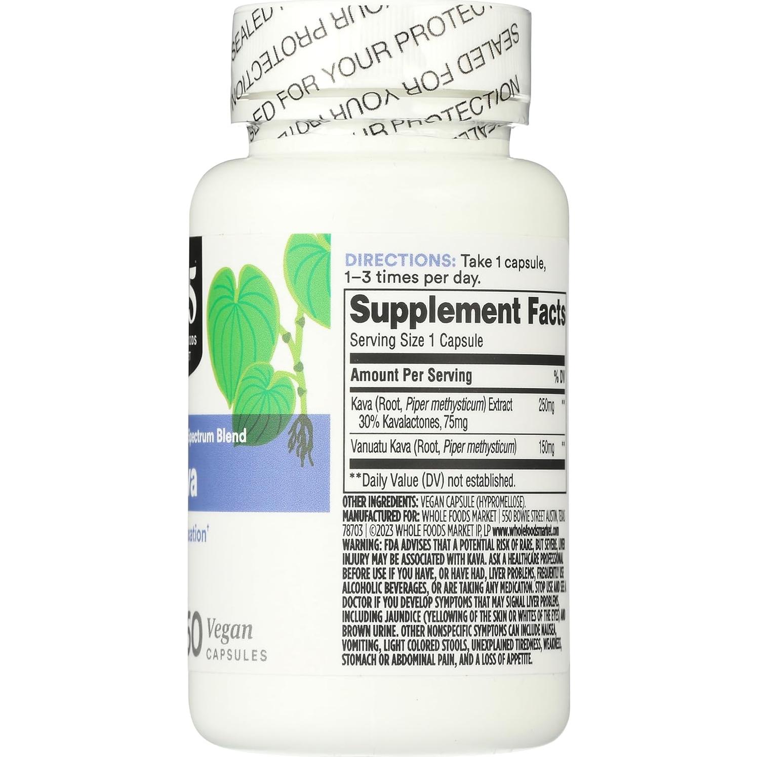 Suplemento Kava 365 Whole Foods Market 60 Cápsulas Veganas