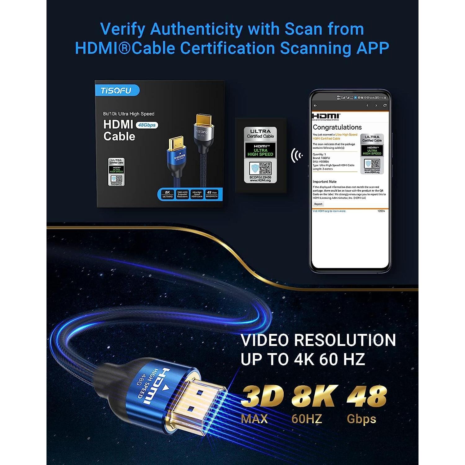 Cable HDMI 2.1 TISOFU 0.91m Ultra Alta Velocidad 8K 60Hz