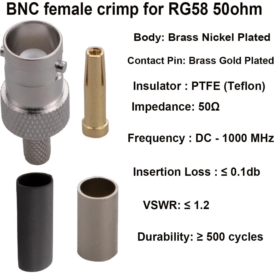 Conectores BNC hembra crimpado 50 Ohm RFetomax - Paquete de 5