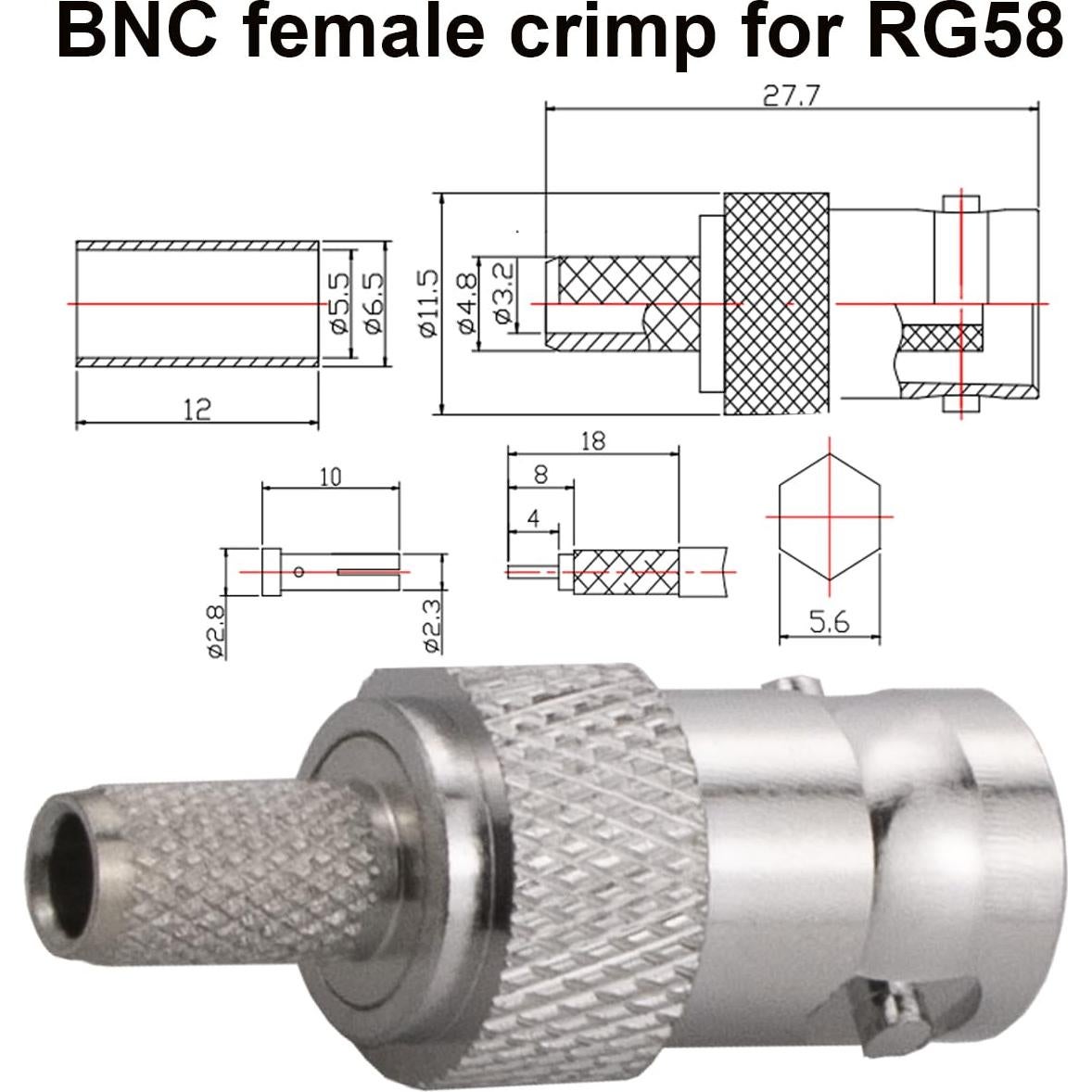 Conectores BNC hembra crimpado 50 Ohm RFetomax - Paquete de 5