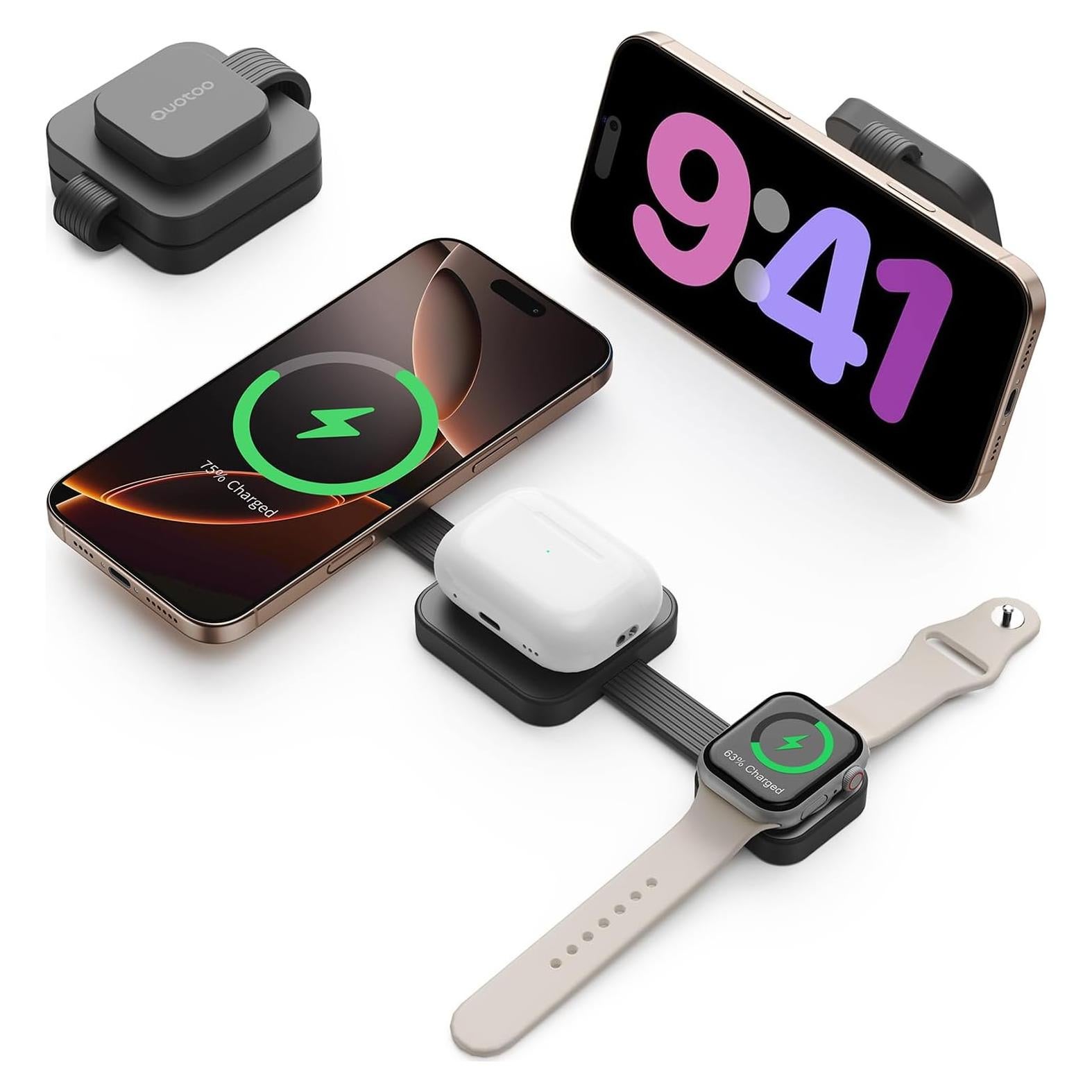 Estación de Carga Inalámbrica 3 en 1 OUOTOO para iPhone 16 Pro Max