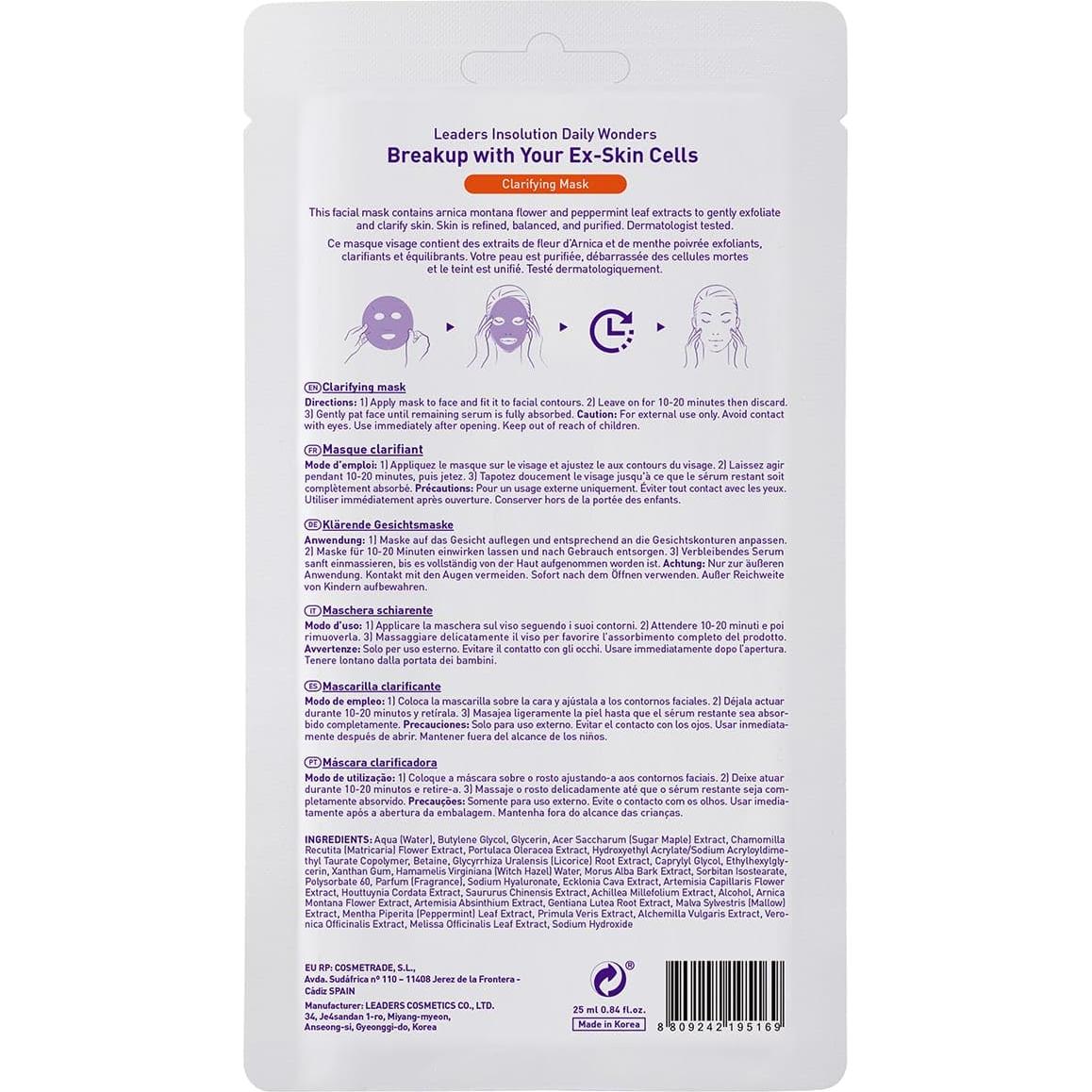 Máscara Facial Exfoliante Leaders Insolution 10 Hojas Hamamelis