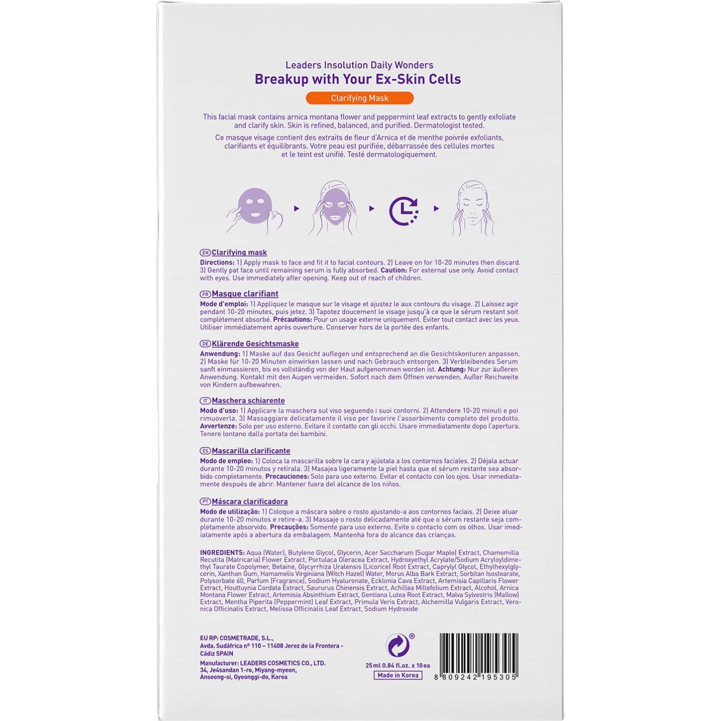 Máscara Facial Exfoliante Leaders Insolution 10 Hojas Hamamelis