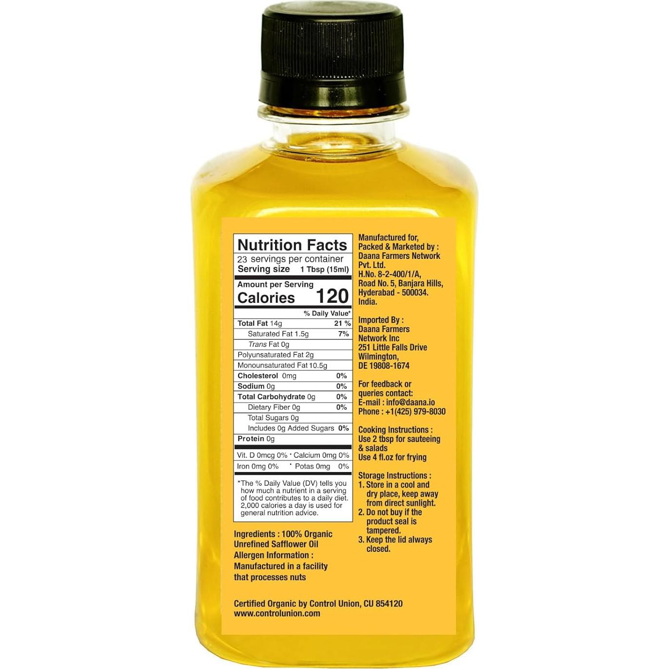 Aceite de Cártamo Orgánico Daana 340 g Prensado en Frío