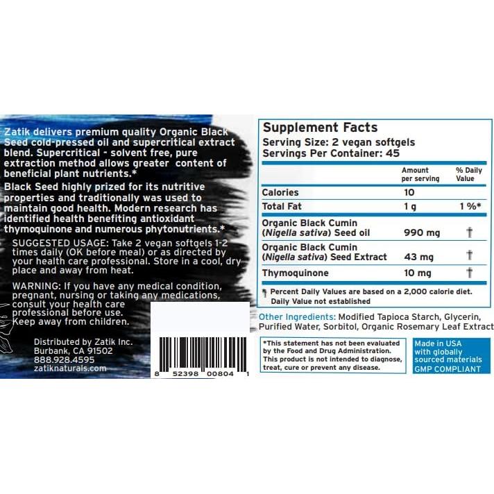 Zatik Naturals Aceite de Semilla de Comino Negro Orgánico 90 Cápsulas