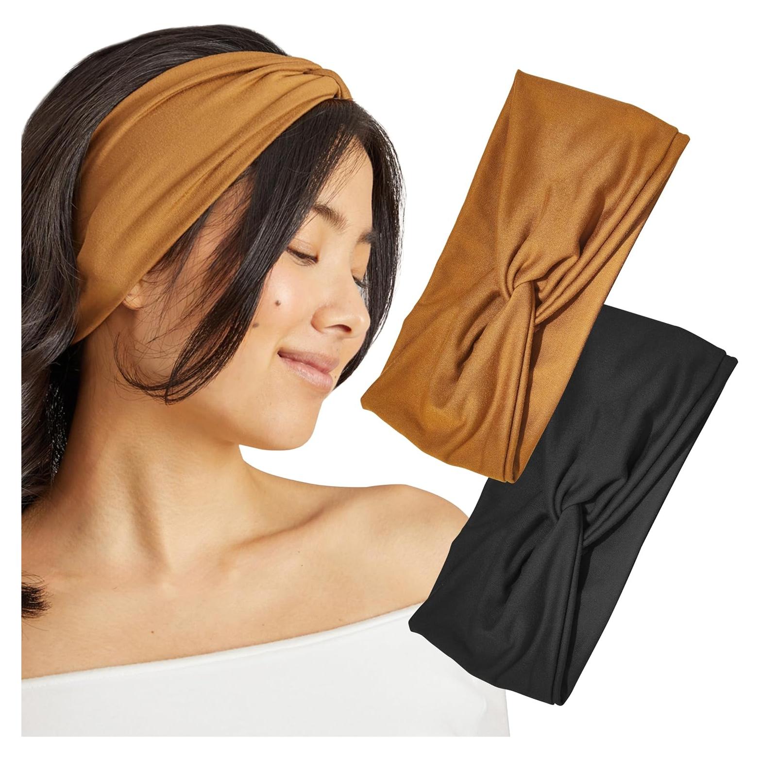 Diademas Anchas Kitsch para Mujeres - 2 Piezas Negro y Camel